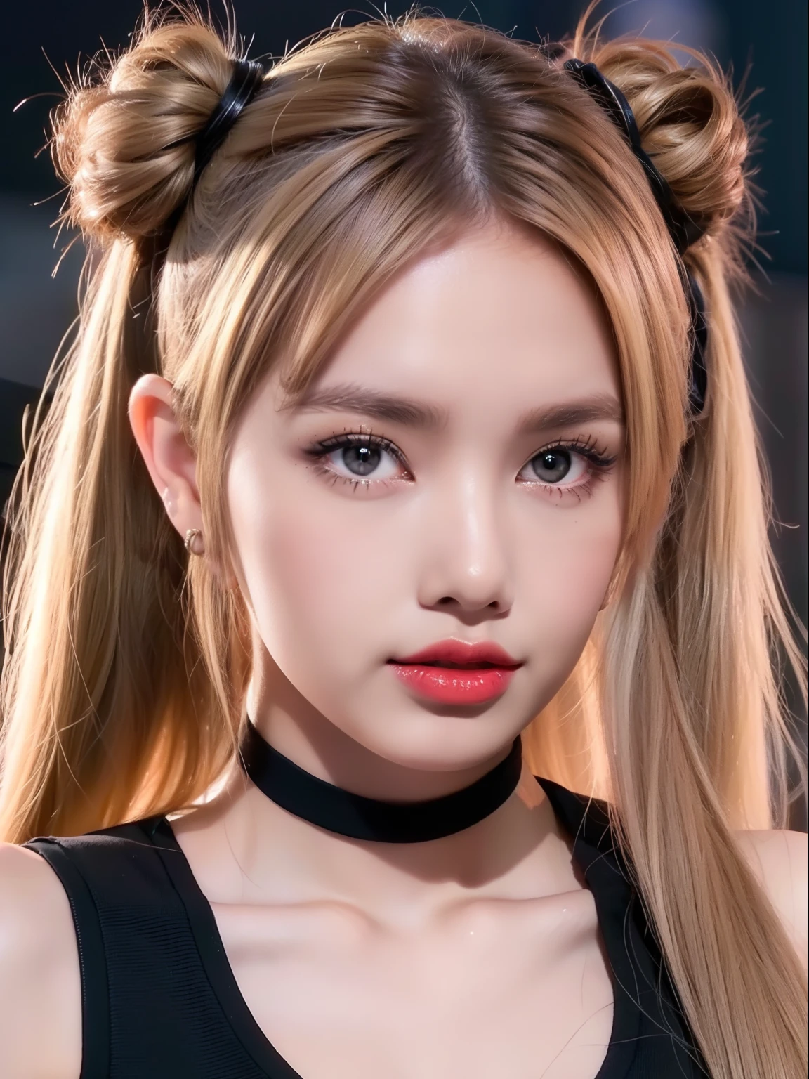 (8K, 4K, Best Quality, Highres, Ultra High Res:1.1), (Masterpiece, Realistic, Photo-Realistic:1.1), 1girl, Face, Close-Up, Twintails, Blonde Hair, Black Eyes, Red Lips, (Looking in Audience: 2), Wearing a trendy football uniform, bare waist, football shorts, ridiculously long hair, long eyelashes, eye shadow, small face, big eyes, bare shoulders, high contrast,