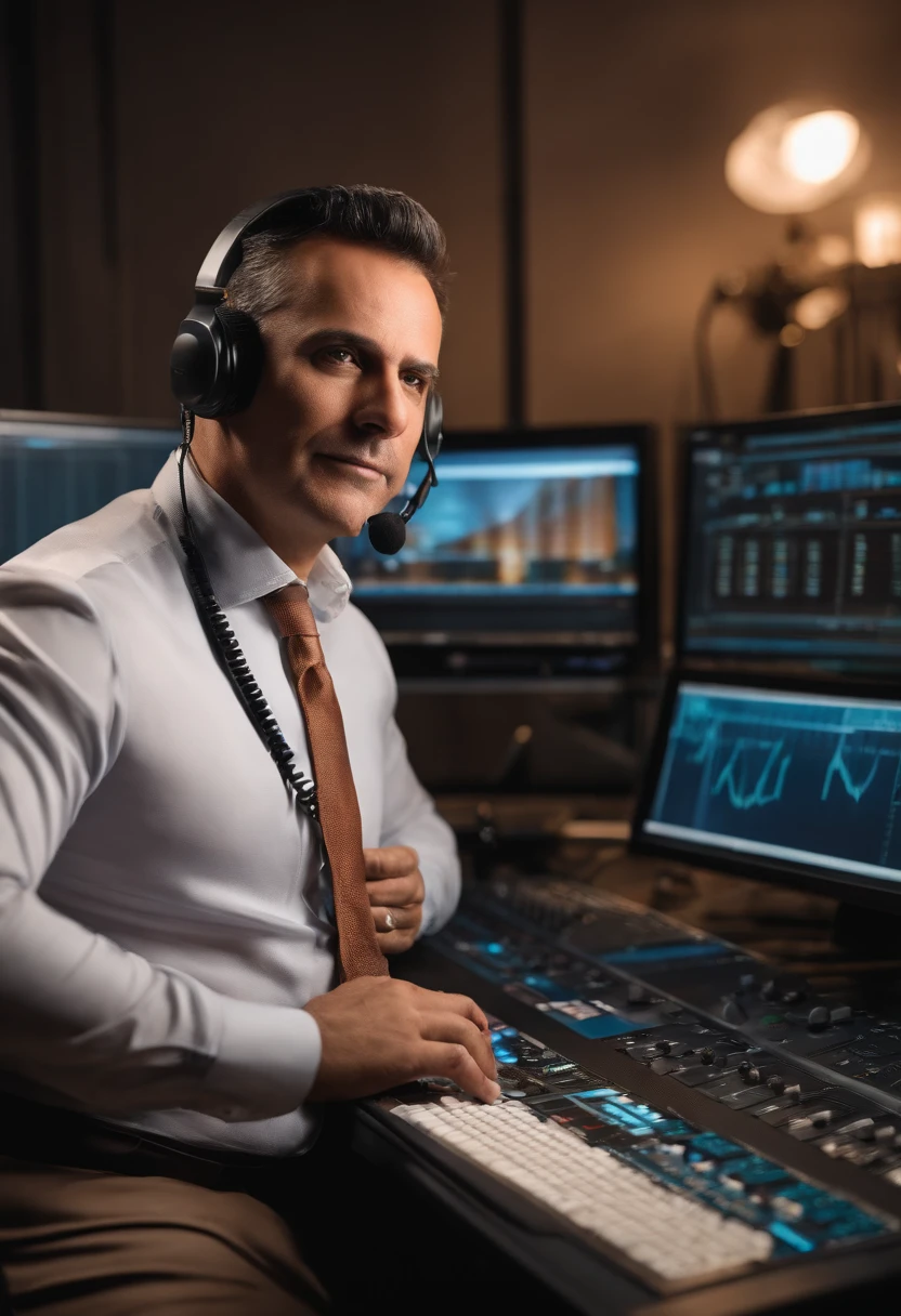 A strong young 45-year-old broadcaster working in the studio