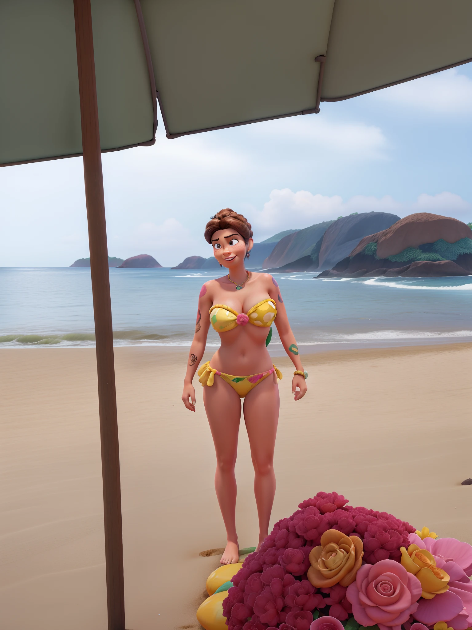 Disney Pixar style 3D poster, woman in a Brazilian style strapless bikini in pink and yellow, brown hair tied in a bun style, with a tattoo of a rose on her right shoulder, on the beach, on a sunny day with hair tied, best quality