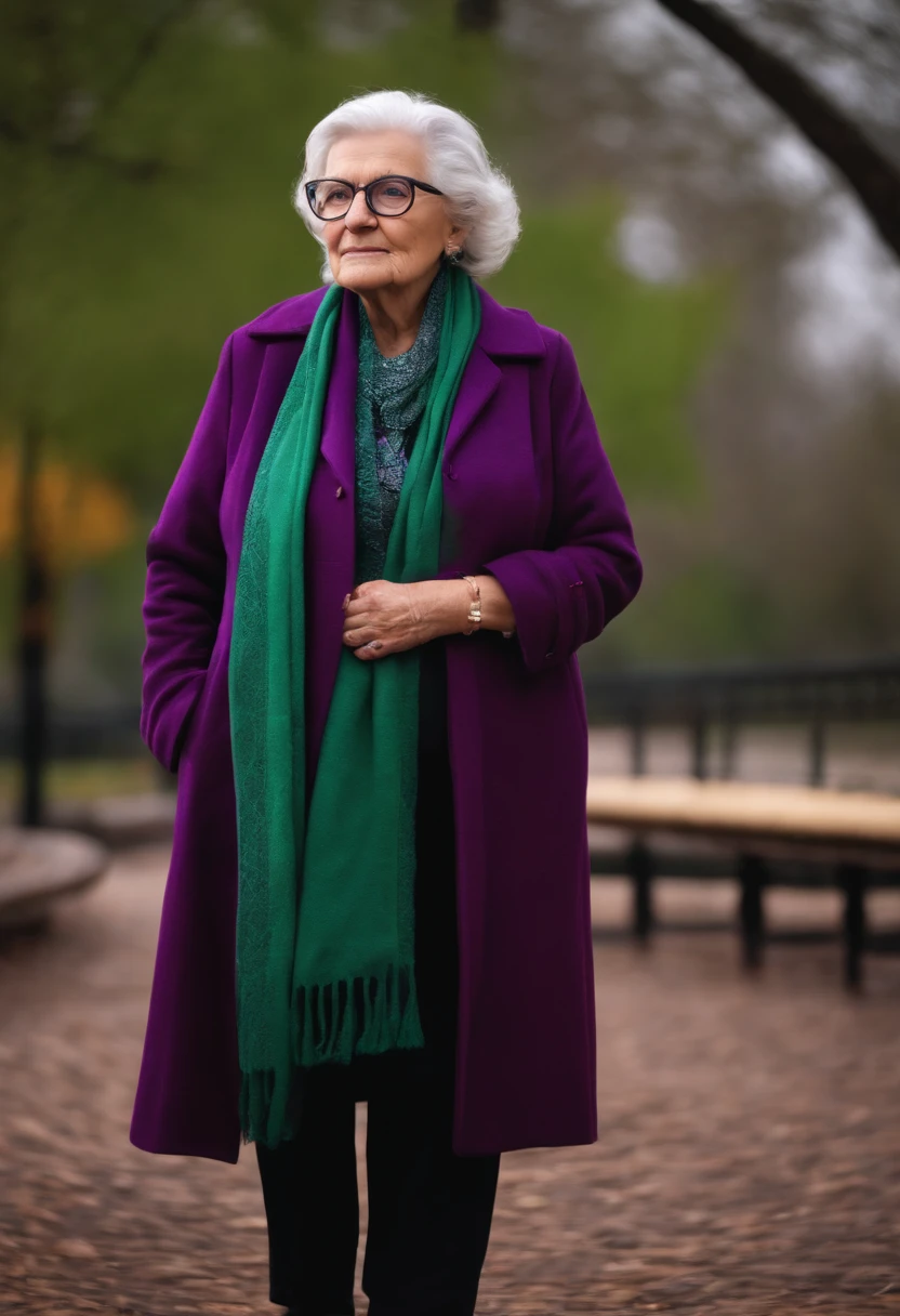 masterpiece, best quality, an old woman with glasses and a scarf on, wearing a purple coat and green scarf, standing at the park