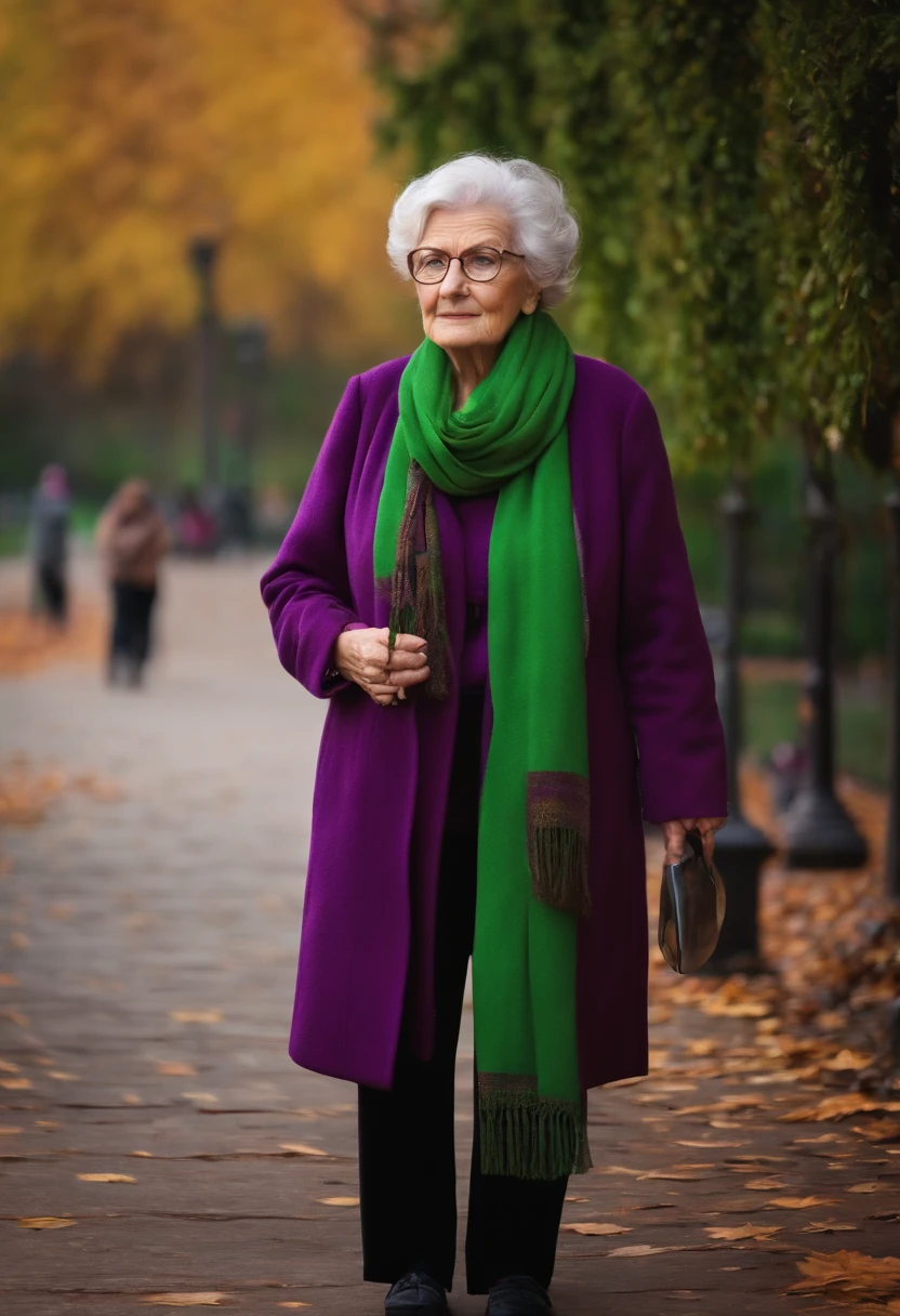 masterpiece, best quality, an old woman with glasses and a scarf on, wearing a purple coat and green scarf, standing at the park