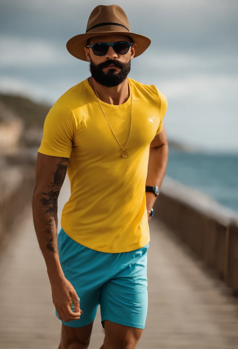 Athletic body boy participating in street race with black hat and sunglasses, camisa de manga longa preta, On the seaside promenade. Olhos castanhos um pouco fechado o formato dos olhos, barba fechada no rosto com bigode e tatuagem nas pernas, in yellow sneakers and blue shorts. O tempo ensolarado e cheio de nuvense o mar de fundo