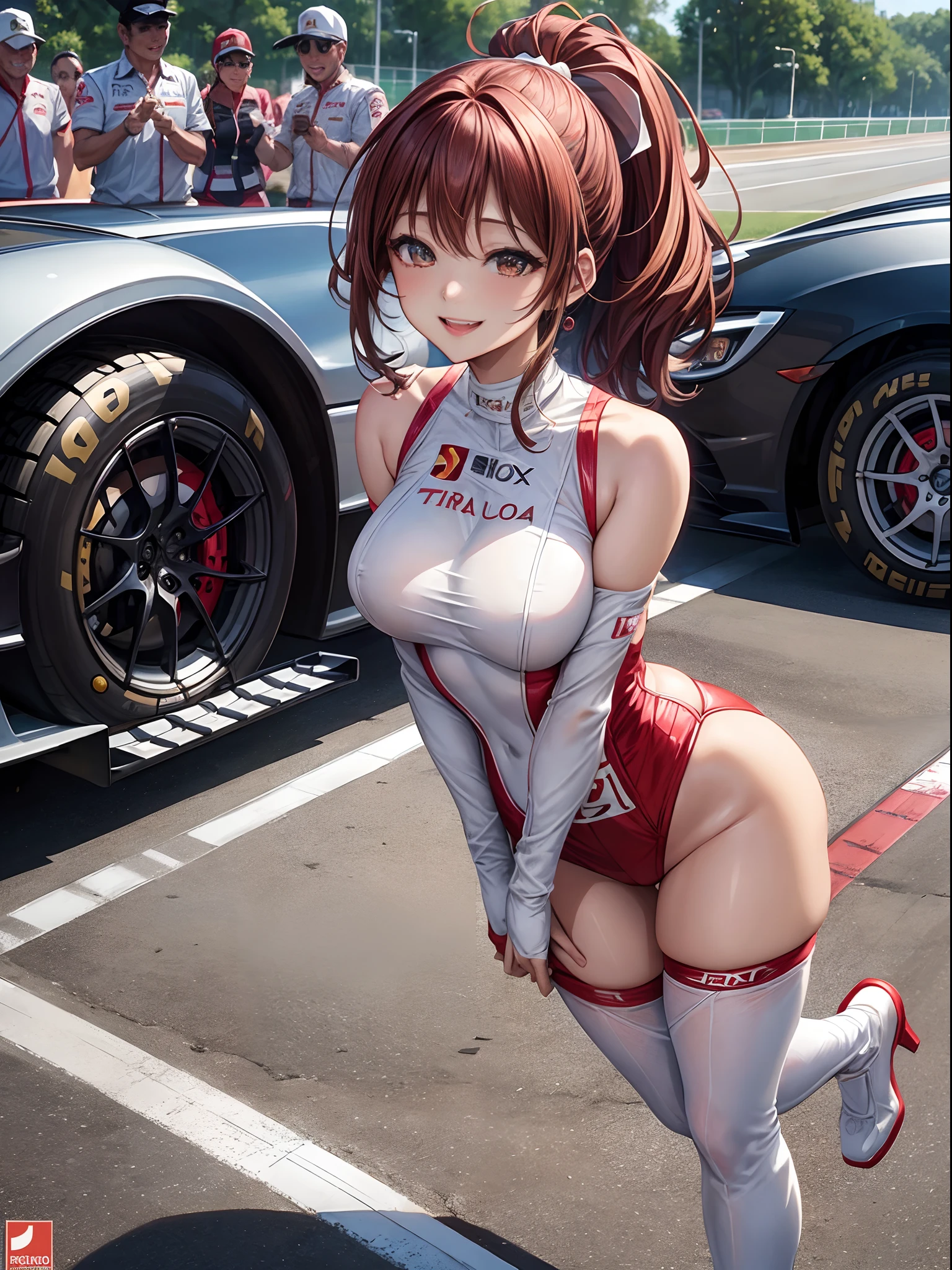 top-quality、Full limbs、complete fingers、1girl、((one beautiful women、独奏))、Beautiful Large Breasts、Medium hair、poneyTail、Race Queen Costume、Woman in red and white leotard with logo、Red arm cover、Tricolor parasol、Woman in long white boots、((F1 Circuit、Formula 1、F1、racing car))、Naughty Poses、A big smile