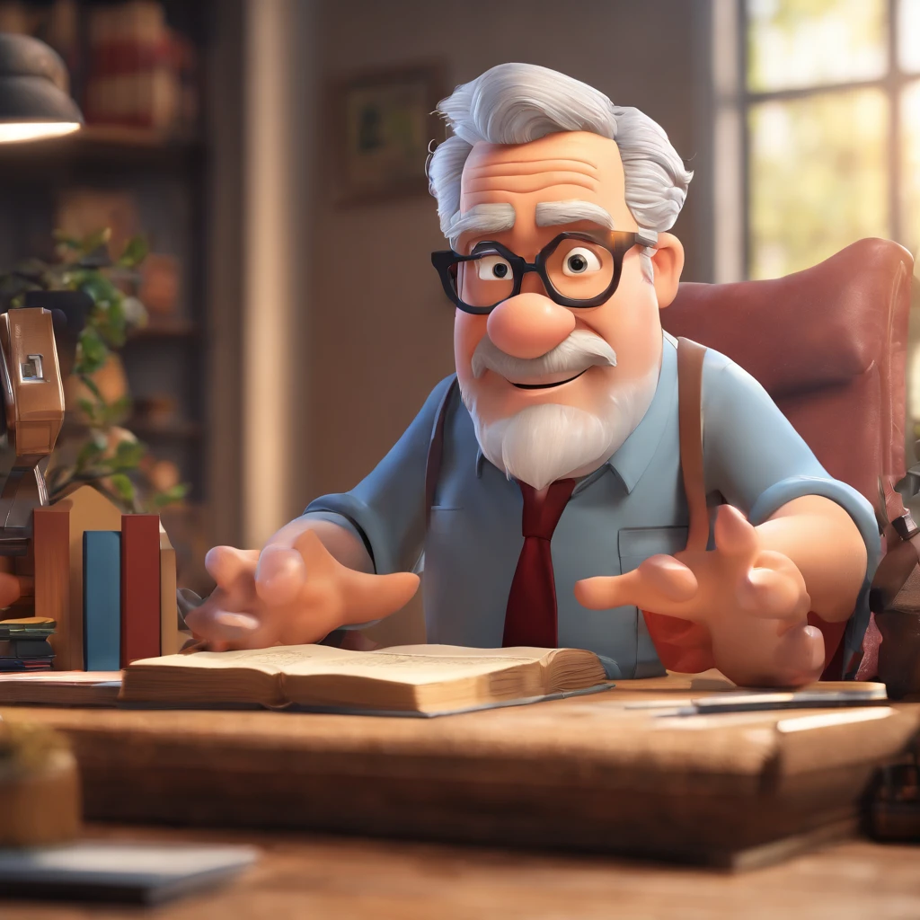 Crie um cartaz inspirado na Disney Pixar com o personagem sendo o pastor Rubens Janier, A gray-haired man wearing glasses, in an office with a Bible on the table