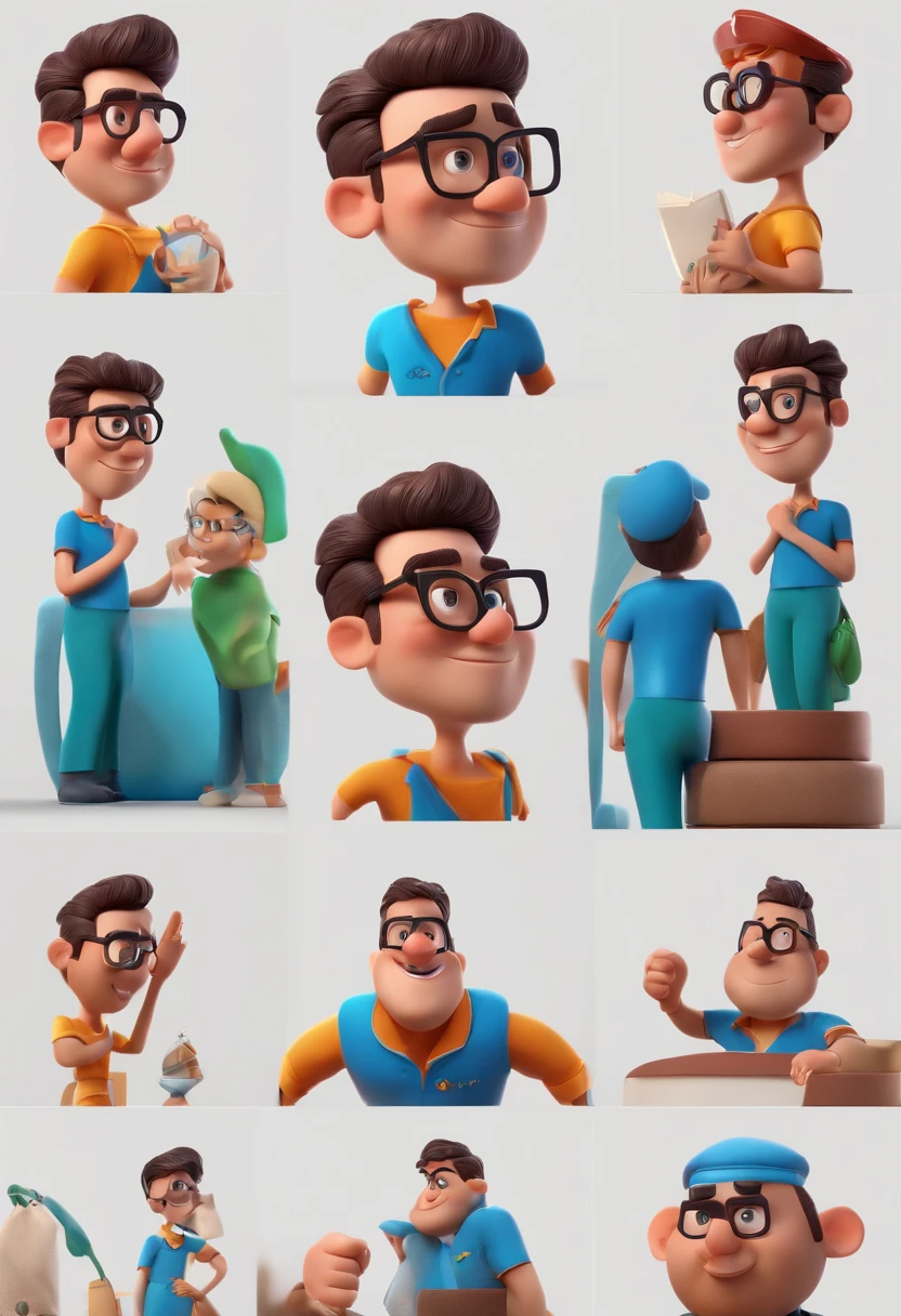 Cartoon character of a man with black glasses and a blue shirt, animation character, Caractere estilizado, animation style rendering, 3D estilizado, Arnold Maya render, 3 d render stylized, toon render keyshot, Personagem 3D, Personagem 3D, 3d rendering stylized, 3 d character render, personagem de desenho animado, Personagem de close up, Pose de personagem,  (Estilo Pixar) (master part:1.2) (Bokeh) (best quality) (pele detalhada) (textura detalhada) (8k) (argila) (Cinematic lighting) (foco nítido