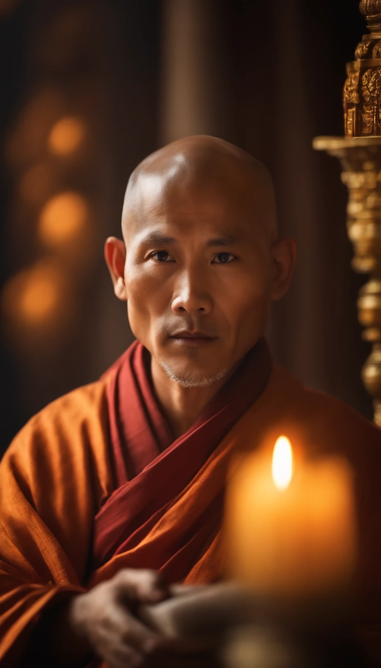 An Asian monk，Olhe para frente，Medite de pernas cruzadas, no centro，cores muito brilhantes, light particles, com luz brilhante, Mshiv, Arte do papel de parede, Papel de parede UHD