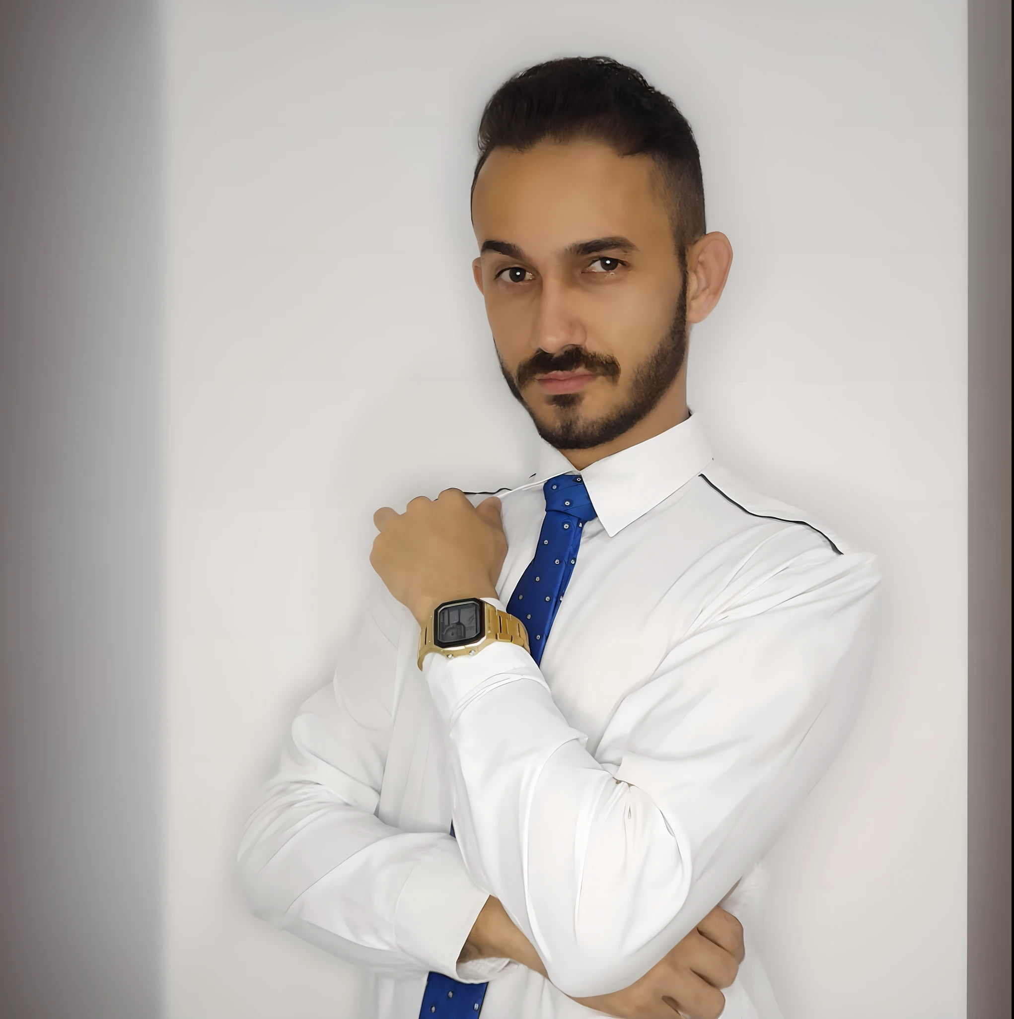 arafed man in a white shirt and blue tie with a watch, professional picture, wearing a shirt with a tie, amazing professional picture, professional profile picture, professional profile photo, inspired by Constantine Andreou, professional foto, detailed professional photo, posing with crossed arms, alexandros pyromallis, wearing a suit and a tie, doing an elegant pose