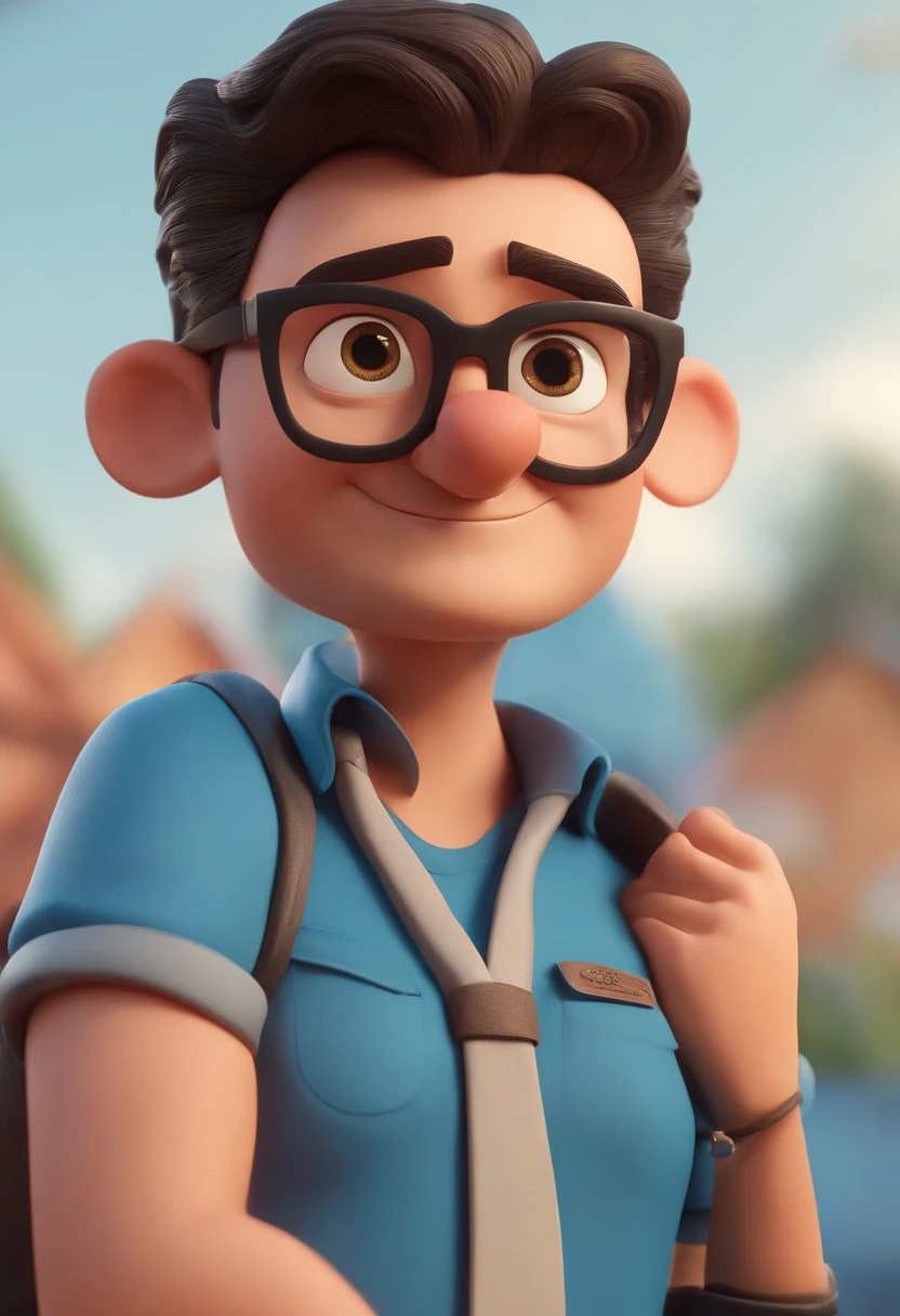 Cartoon character of a man wearing black glasses and a blue shirt, um personagem animado, Caractere estilizado, animation style rendering, 3D estilizado, Arnold Maya render, 3 d render stylized, toon render keyshot, Personagem 3D, Personagem 3D, 3d rendering stylized, 3 d character render, personagem de desenho animado, Personagem de close up, Pose de personagem, (Estilo Pixar) (master part:1.2) (Bokeh) (best quality) (pele detalhada) (textura detalhada) (8k) (argila) (Cinematic lighting) (foco nítido，Senta e vaza a parte superior do corpo