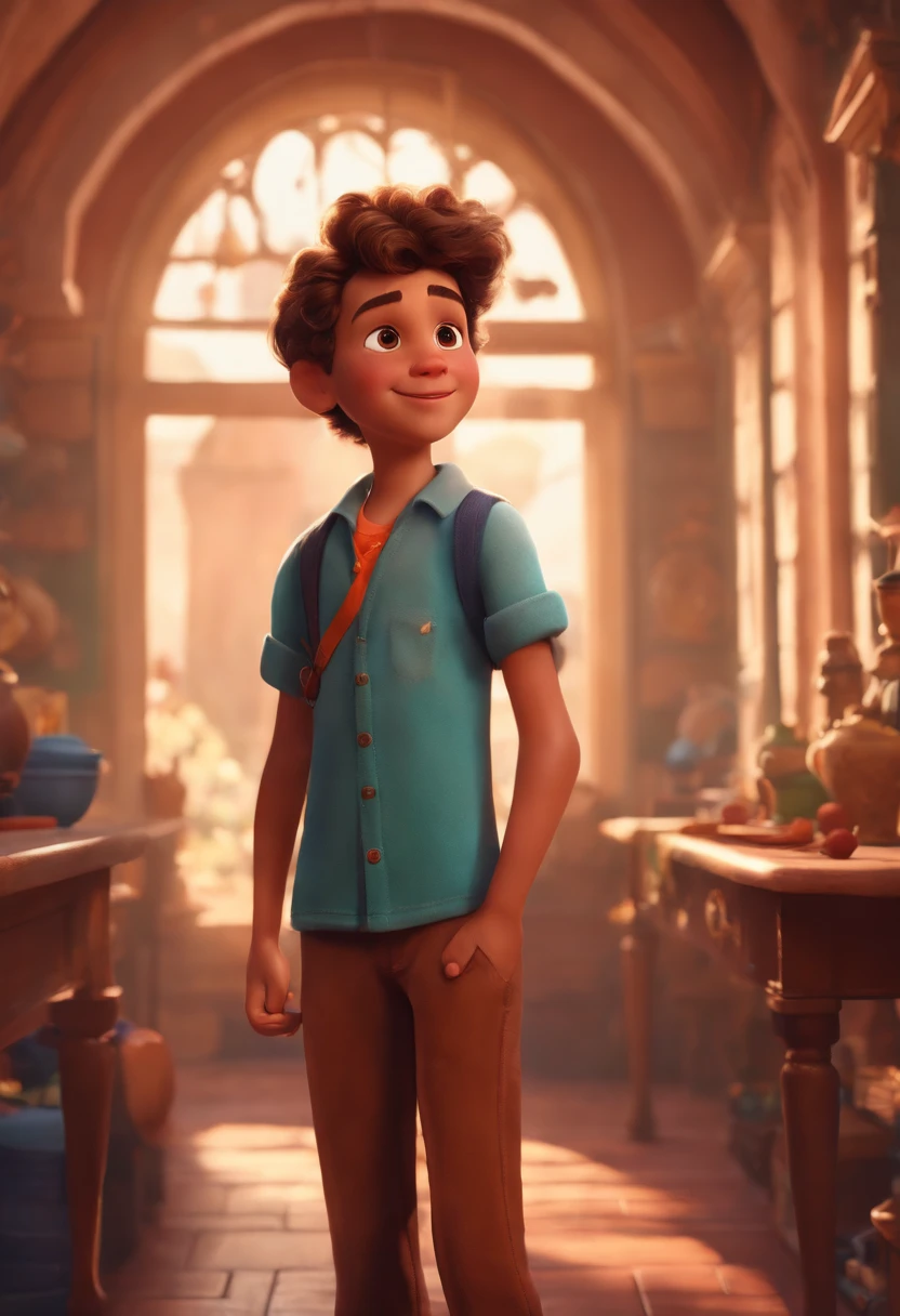 Image of a boy for a story in a YouTube video in Pixar format, He's the allabester, He's the class leader, He's outgoing, Playful and gets up for a lot of things, cabelo curto