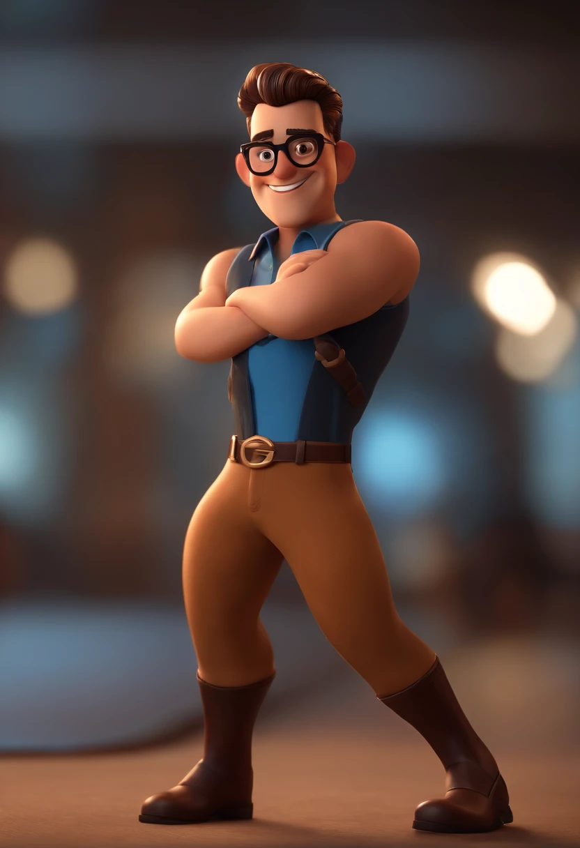 Cartoon character of a man with black glasses, cabelo cacheado marrom escuro e uma camisa azul, animation character, Caractere estilizado, animation style rendering, 3D estilizado, Arnold Maya render, 3 d render stylized, toon render keyshot, Personagem 3D, Personagem 3D, 3d rendering stylized, 3 d character render, personagem de desenho animado, Personagem de close up, Pose de personagem, (Estilo Pixar) (master part:1.2) (Bokeh) (best quality) (pele detalhada) (textura detalhada) (8k) (argila) (Cinematic lighting) (foco nítido