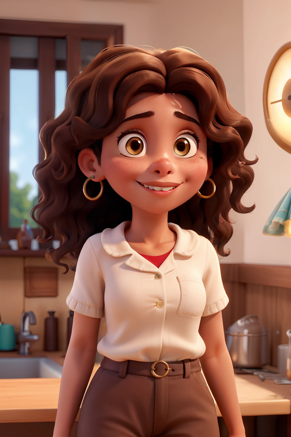 menina jovem com pele clara , olhos grandes, nariz italiano, dark brown wavy hair with some light brown highlights in Disney character style