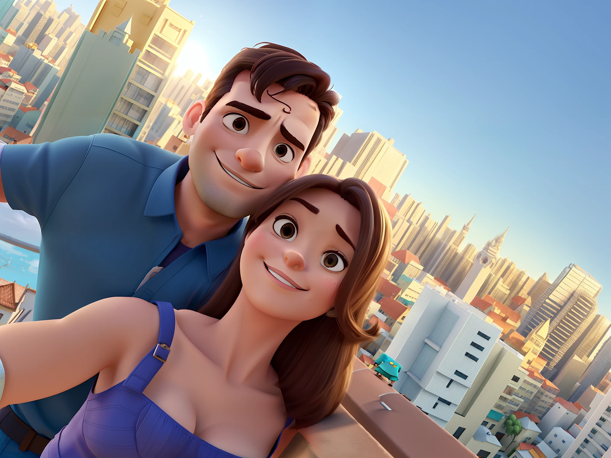 Casal (homem branco e mulher branca), Big City Background and Buildings, no estilo Disney Pixar, alta qualidade, melhor qualidade.