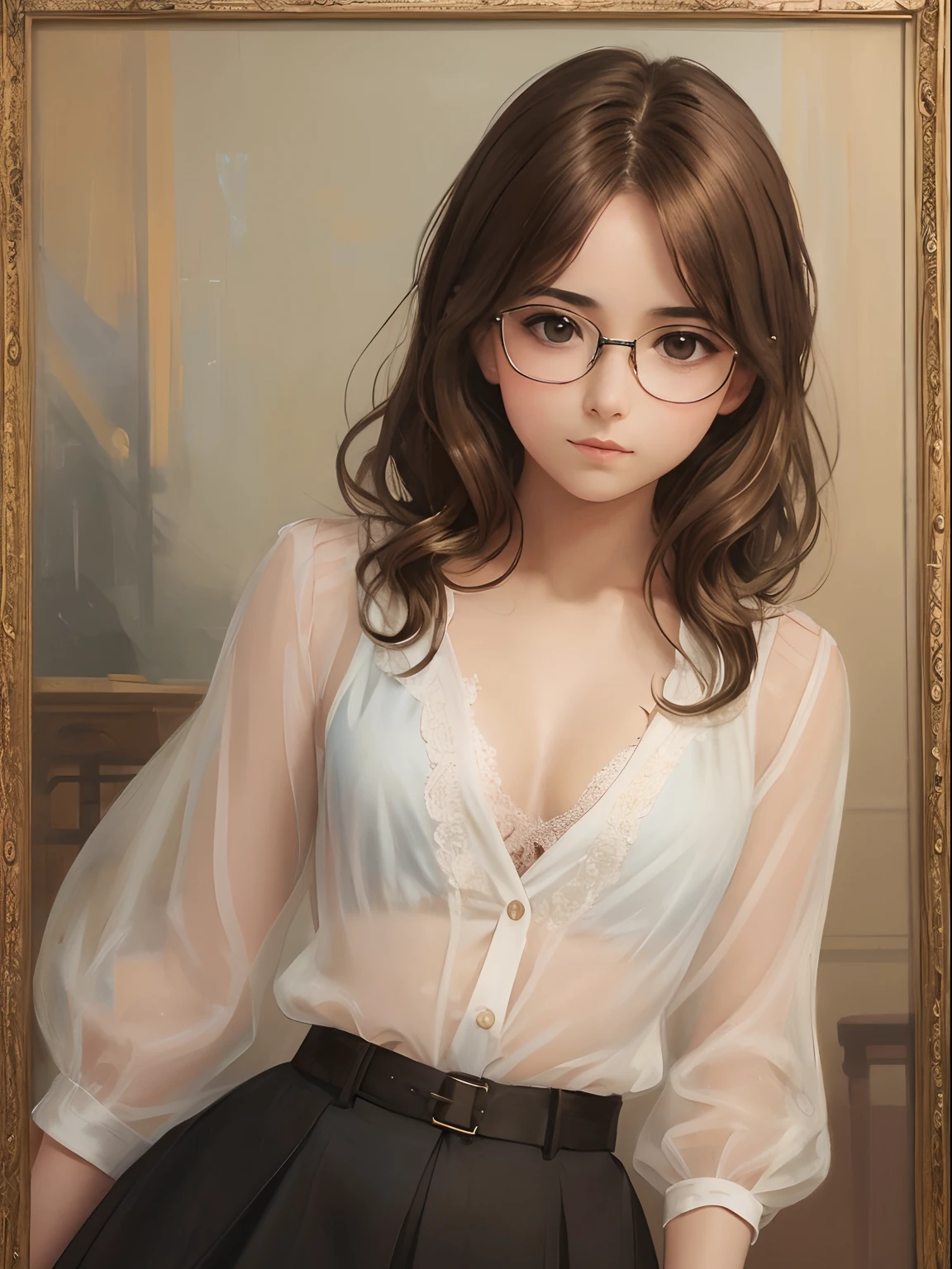 a 1girl, a beautiful teen-aged girl, extremely small breasts, short wavy brown hair, brown eye, eyeglasses, portraite of a, oil painted, contemporary, Transparent tulle blouse with unbuttoned top button without bra underneath, Realistic Proportion, Intricate, intricate detials, sharp-focus