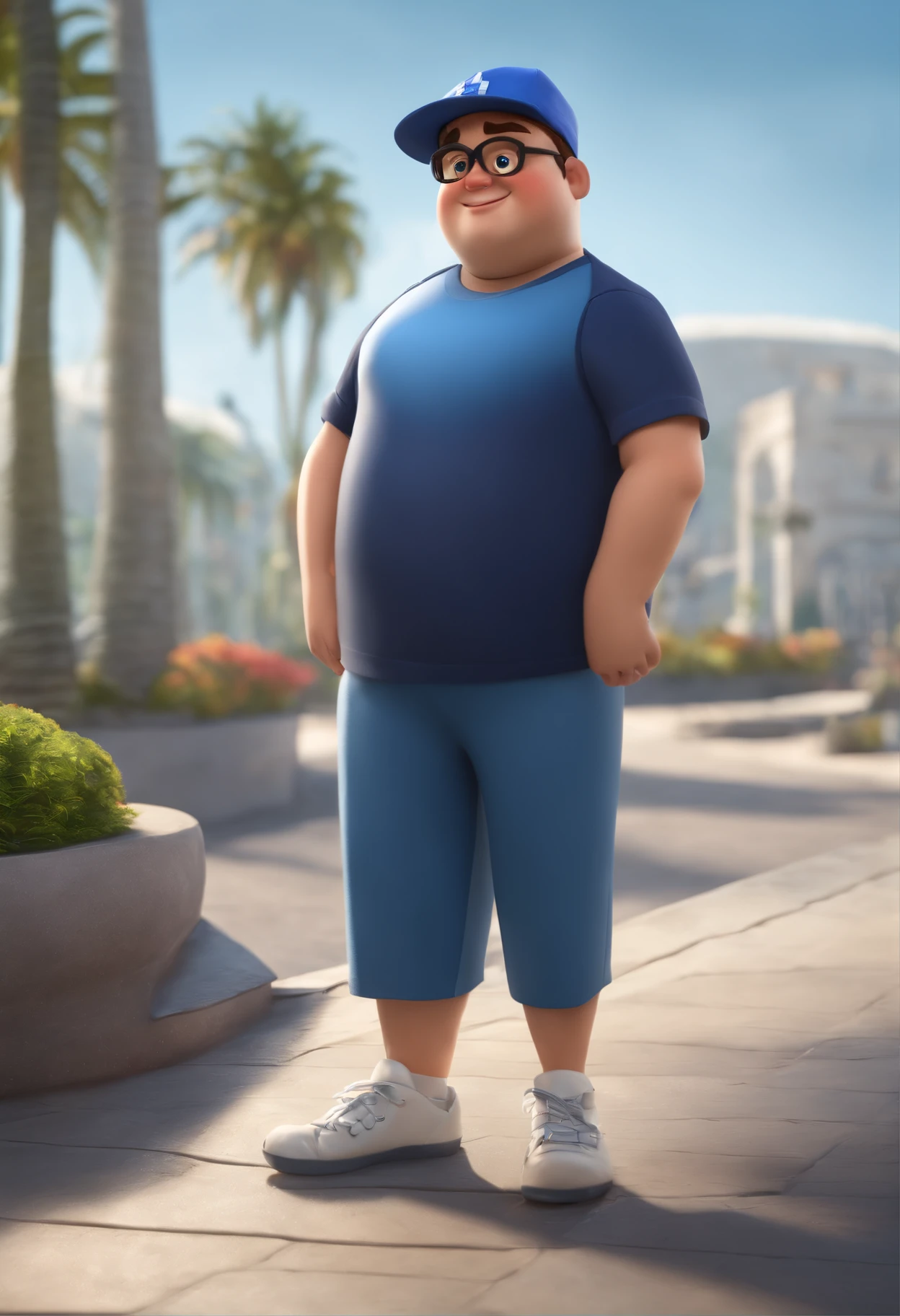 A happy cute fat boy standing short hair with dark blue cap and glass vestindo uma camisa azul , , fundo branco, barnet, Tom, Estilo Pixar, ........3d, desenhos animados, rosto detalhado, asymmetrical 16k