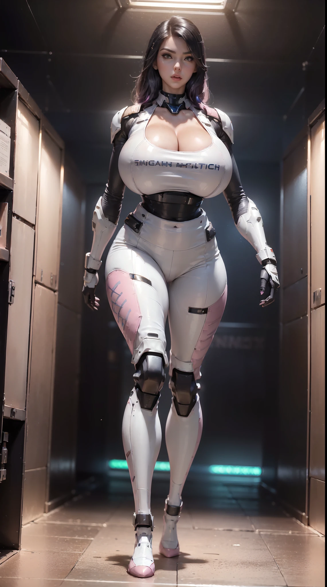(1GIRL,SOLO:2), ((mature face, beauty makeup, sexy libs:1.1)), ((GIGANTIC BREASTS, HUGE FAKE BREASTS:1.5)), (LARGE CLEAVAGE TOP:1.5), (MUSCLE ABS:1.4), (MECHA GUARD ARMS,MECHA GLOVE:1.4), ((WEAR PINK WHITE OVERWATCH MECHANICAL ARMORED CROP TOP, BLACK MECHANICAL SKINTIGHT SUIT PANTS, MECHA GUARD ARMOR LEGS, HIGH HEELS:1.5)), (MUSCULAR BODY:1.3), (GLOSSY SKIN:0.8), (SEXY LONG LEGS, FULL BODY:1.1), (PORTRAIT,LOOKING AT VIEWER:1.3), (female focus:0.886), (WALKING DOWN HALLWAY OF FUTURISTIC SPACE STATION:1.3), (BRIGHT LIGHTING:1.3), SUPER TEXTURE, UNREAL ENGINE RENDER, PHYSICALLY-BASED RENDERING, ULTRA HIGHT DEFINITION, 16K, 1080P.