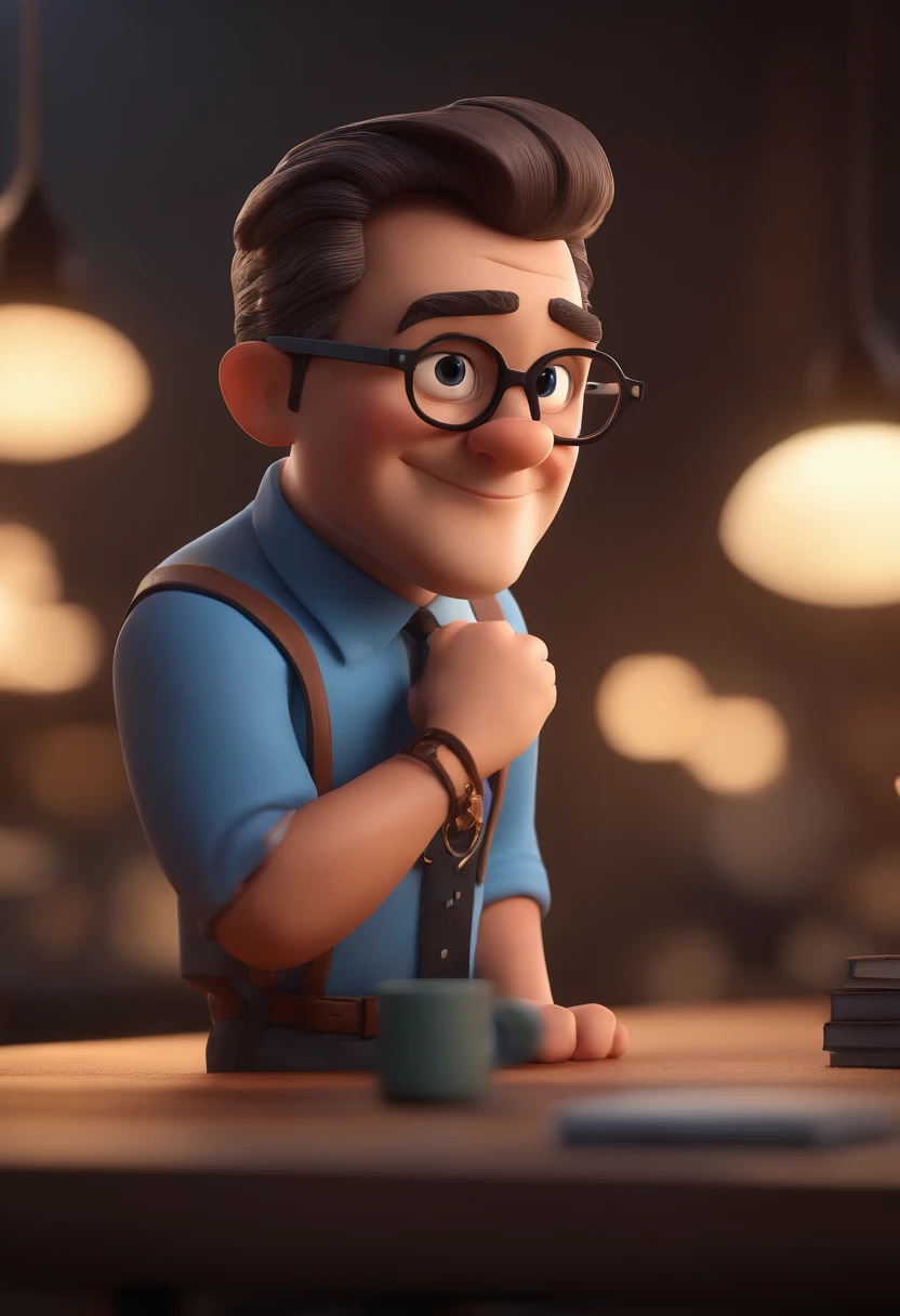 Cartoon character of a man with black glasses and a blue shirt, animation character, Caractere estilizado, animation style rendering, 3D estilizado, Arnold Maya render, 3 d render stylized, toon render keyshot, Personagem 3D, Personagem 3D, 3d rendering stylized, 3 d character render, personagem de desenho animado, Personagem de close up, Pose de personagem,  (Estilo Pixar) (master part:1.2) (Bokeh) (best quality) (pele detalhada) (textura detalhada) (8k) (argila) (Cinematic lighting) (foco nítido