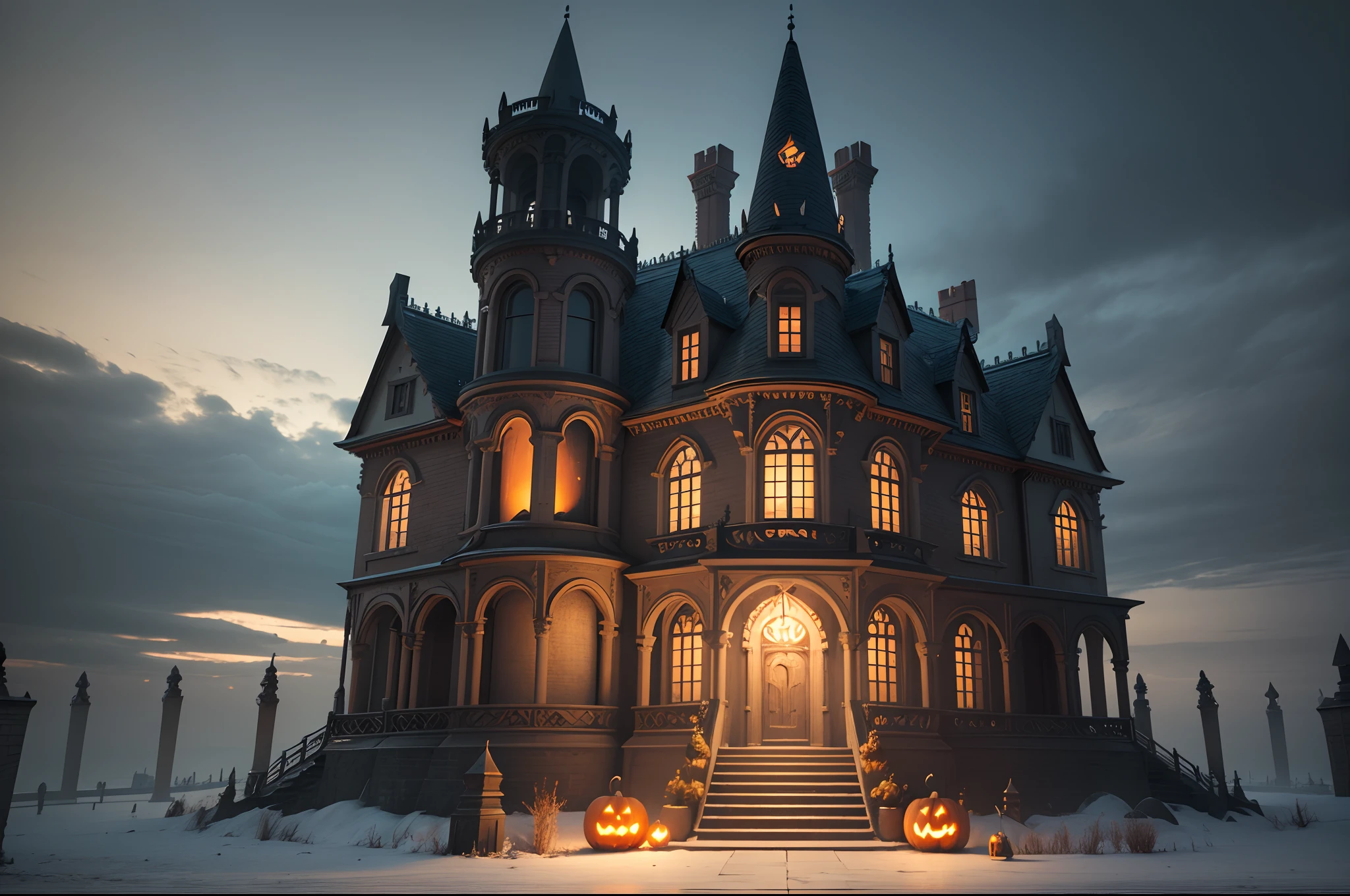 3D render of ghost, gothic castle, and Halloween elements, many jack-oh-lantern, funny, spooky in a fun way, whimsical, highly detailed, realistic textures.