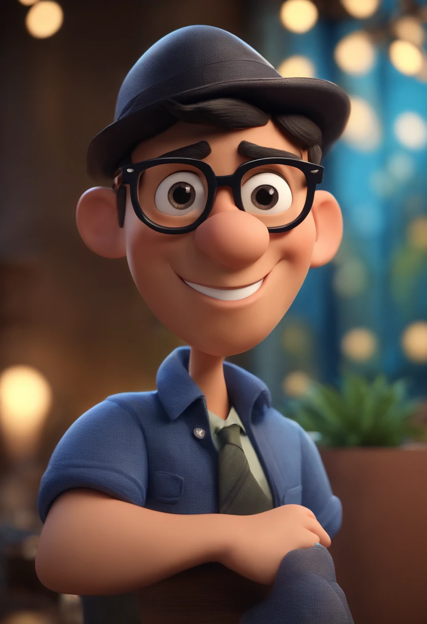 Cartoon character of a man wearing black glasses and a blue shirt, um personagem animado, Caractere estilizado, animation style rendering, 3D estilizado, Arnold Maya render, 3 d render stylized, toon render keyshot, Personagem 3D, Personagem 3D, 3d rendering stylized, 3 d character render, personagem de desenho animado, Personagem de close up, Pose de personagem, (Estilo Pixar) (master part:1.2) (Bokeh) (best quality) (pele detalhada) (textura detalhada) (8k) (argila) (Cinematic lighting) (foco nítido,Senta e vaza a parte superior do corpo