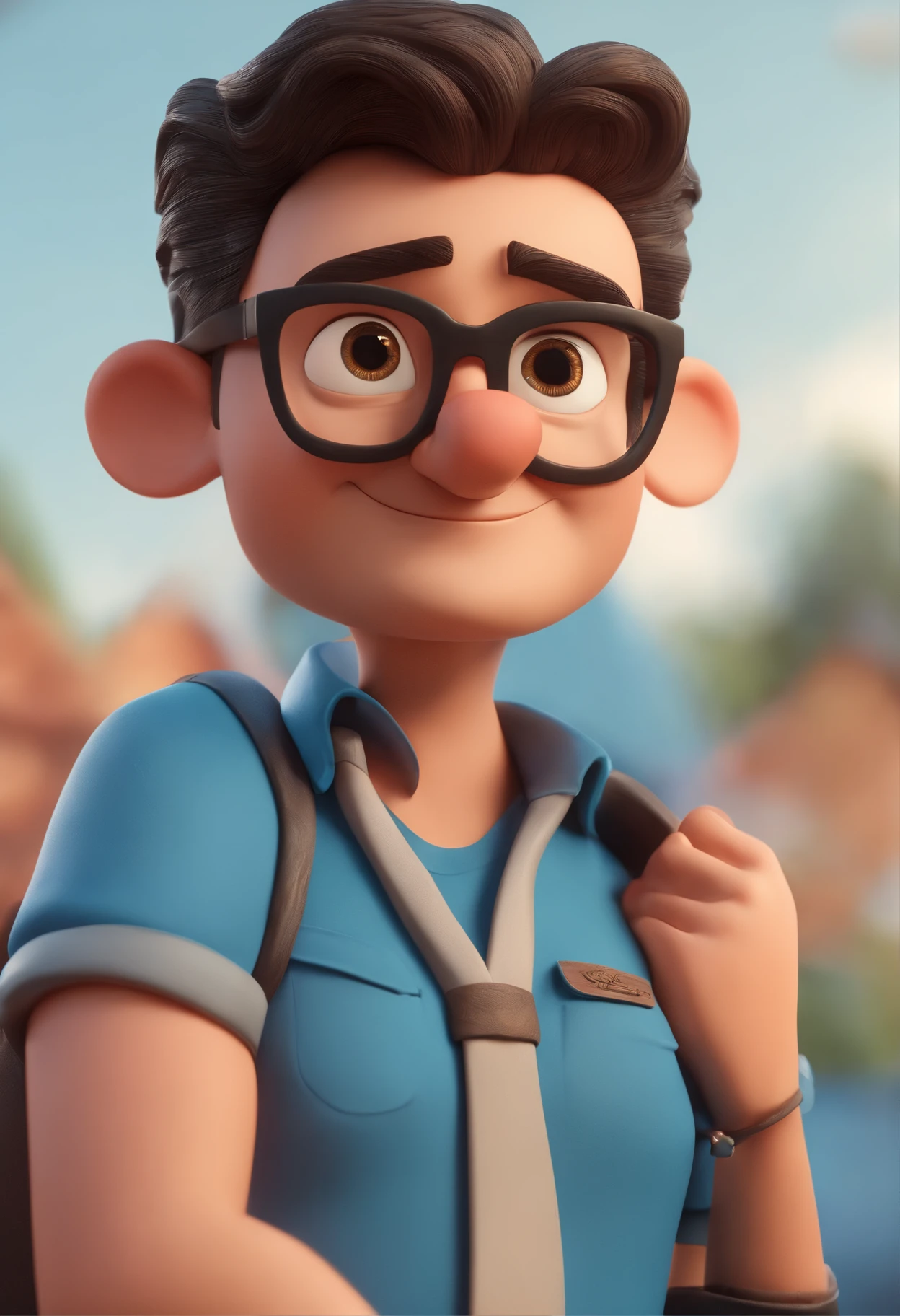 Cartoon character of a man wearing black glasses and a blue shirt, um personagem animado, Caractere estilizado, animation style rendering, 3D estilizado, Arnold Maya render, 3 d render stylized, toon render keyshot, Personagem 3D, Personagem 3D, 3d rendering stylized, 3 d character render, personagem de desenho animado, Personagem de close up, Pose de personagem, (Estilo Pixar) (master part:1.2) (Bokeh) (best quality) (pele detalhada) (textura detalhada) (8k) (argila) (Cinematic lighting) (foco nítido，Senta e vaza a parte superior do corpo