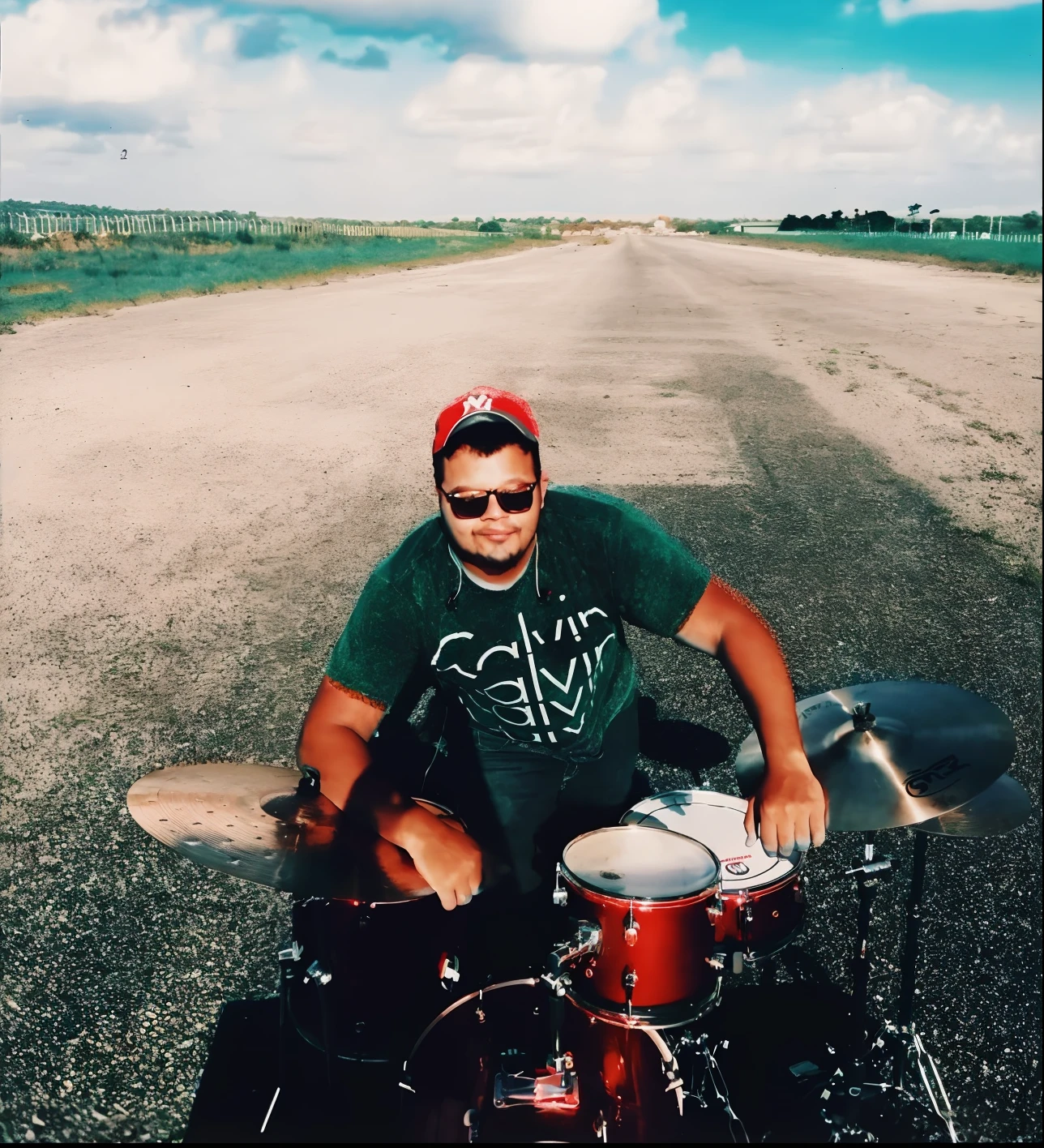 Man sitting on an acoustic drum kit with a drum kit, baterista, tocando bateria, bateria, caio santos, Out on the ground, 🌻🎹🎼, lucas graziano, christian cline, andrea rocha, Andar na estrada, andres rios, ástor alexander, Edon Guraziu, andrew gonzalez, badass composition, mid riff, album photo