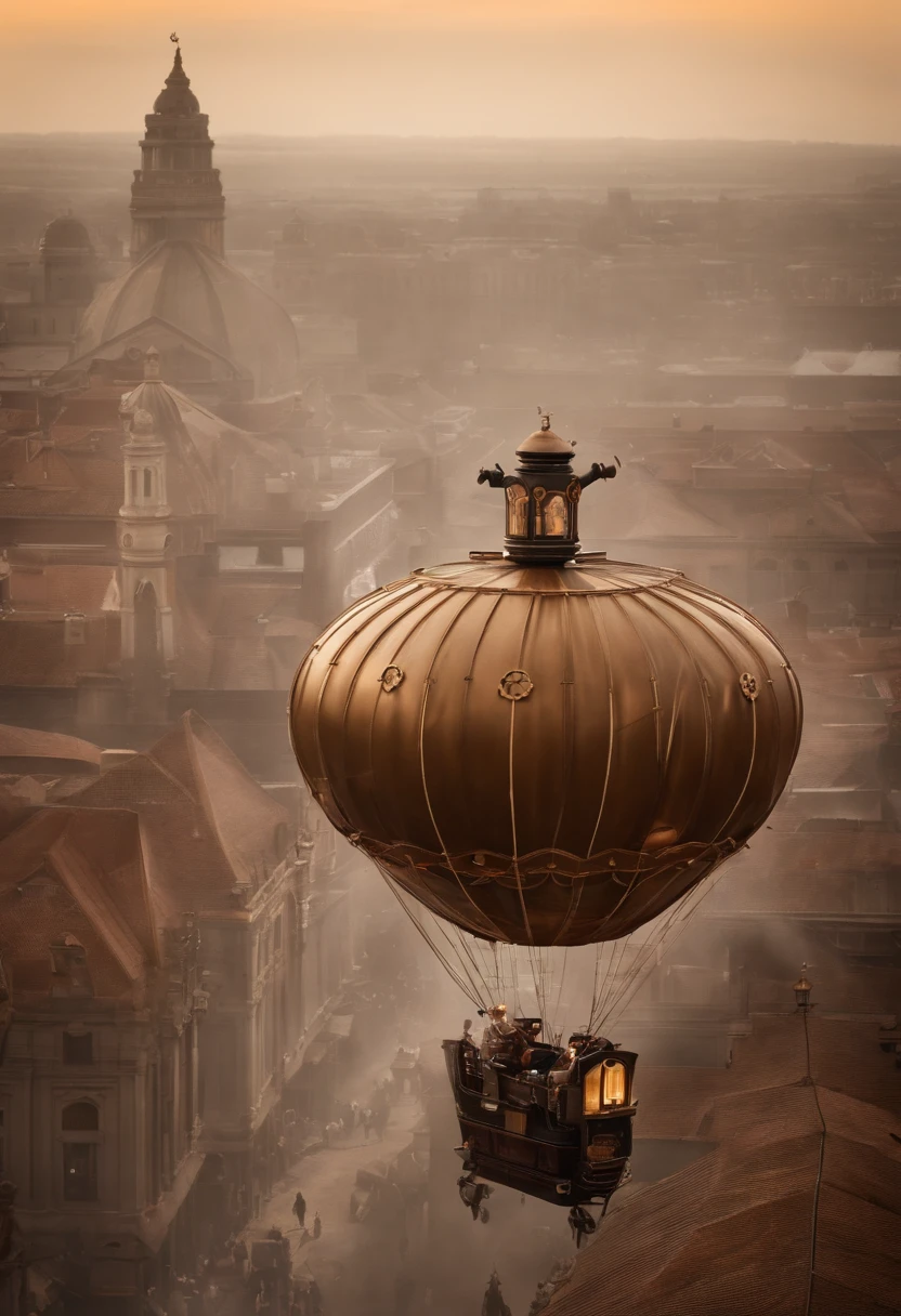 Livro ilustrado de conto de fadas,Enorme mundo steampunk,A baby flies over the city in a flying machine,Tampa de voo,traje de voo,Botas de voo,Corpo inteiro como,alta qulidade,A high resolution,tmasterpiece,super-fino,profundidade de campos