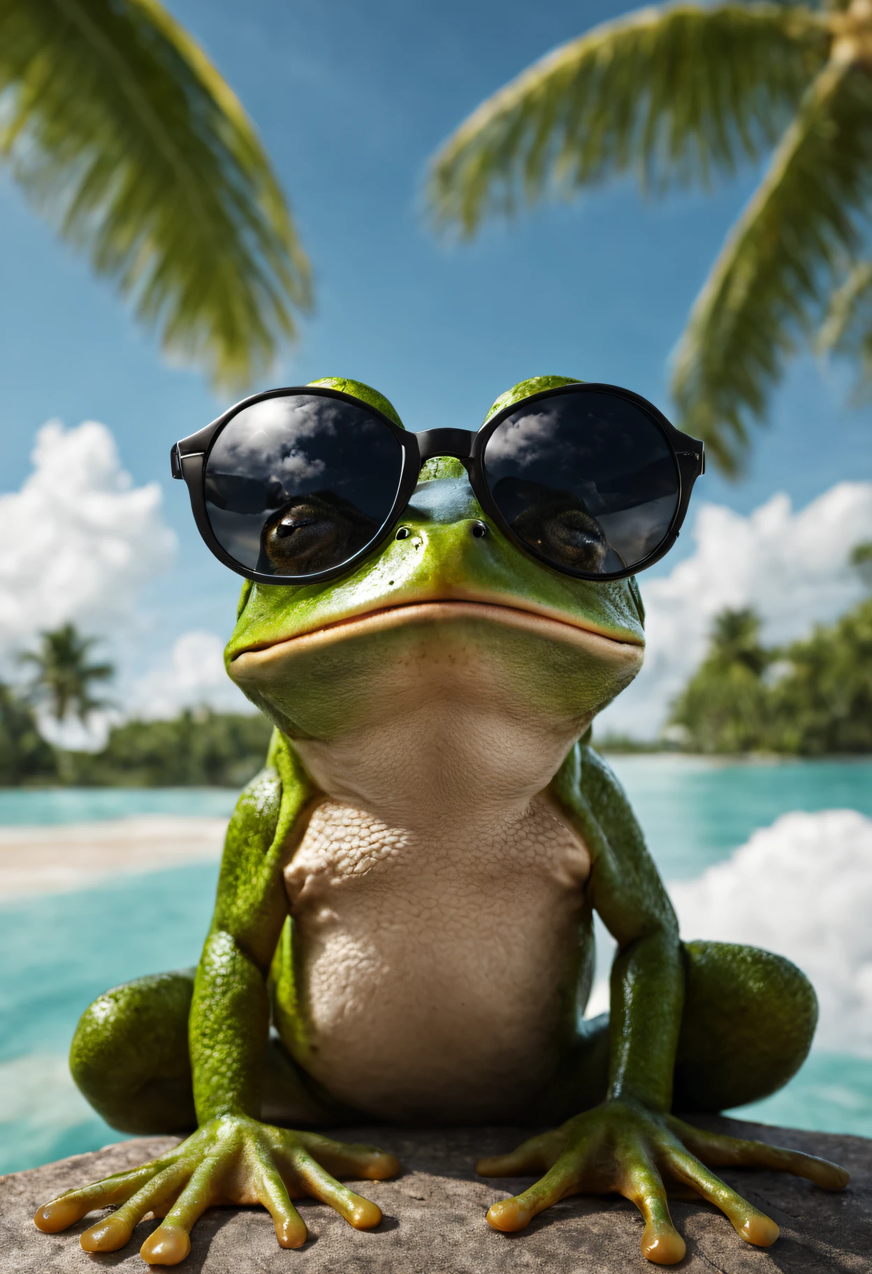 hyper detailed photograph of a frog wearing sunglasses under a tropical sky, daytime,|photographic, realism pushed to extreme, fine texture, incredibly lifelike, cinematic, large format camera, photo realism, DSLR, 8k uhd, hdr, ultra-detailed, high quality, high contrast