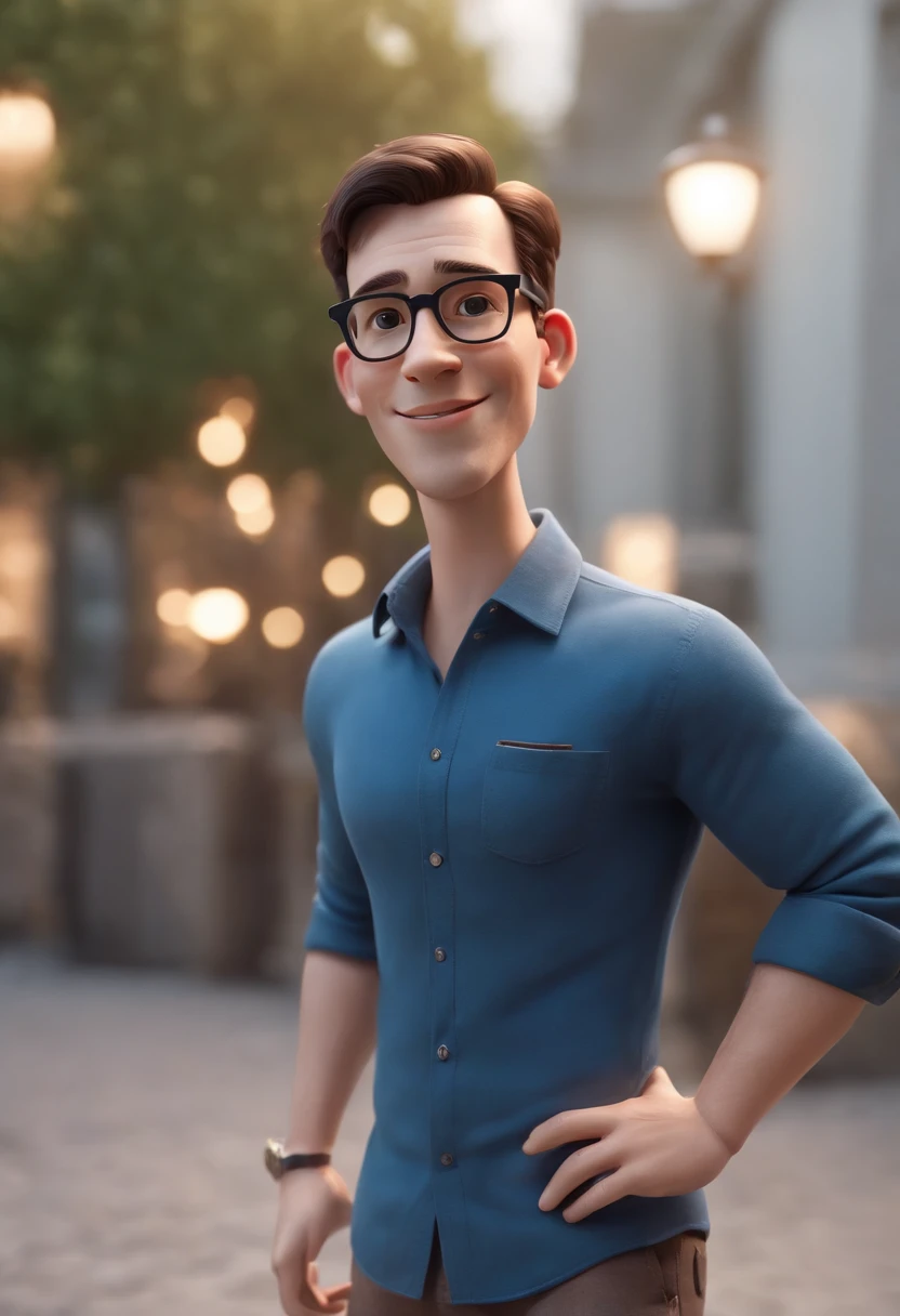 Cartoon character of a man with black glasses and a blue shirt, animation character, Caractere estilizado, animation style rendering, 3D estilizado, Arnold Maya render, 3 d render stylized, toon render keyshot, Personagem 3D, Personagem 3D, 3d rendering stylized, 3 d character render, personagem de desenho animado, Personagem de close up, Pose de personagem, (Estilo Pixar) (master part:1.2) (Bokeh) (best quality) (pele detalhada) (textura detalhada) (8k) (argila) (Cinematic lighting) (foco nítido