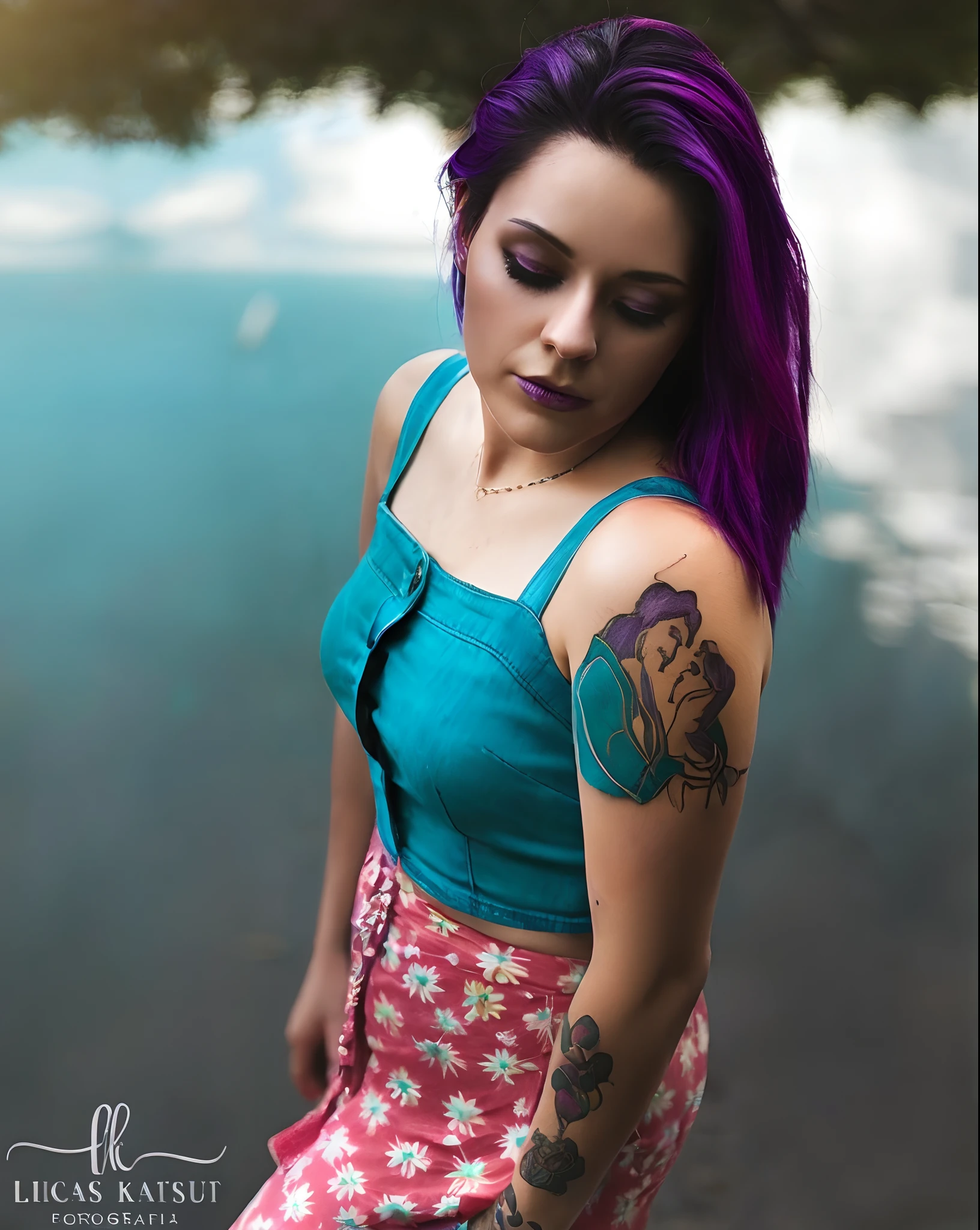 a woman with purple hair and a black shirt is standing in front of a tree, purple hair portrait of woman, dark purple hair and cybernetics, violet hair, purple hair, deep purple hair, chin-length purple hair, flowing purple hair, she has purple hair, black and purple hair, long wavy purple hair, dark purple hair, long purple hair