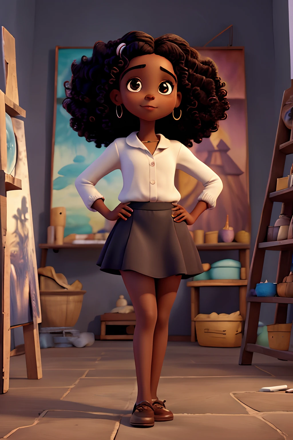 Capa de filme estilo Disney, uma menina preta com olhos castanhos, Dark skin and curly hair working painting pictures and an art studio in the background