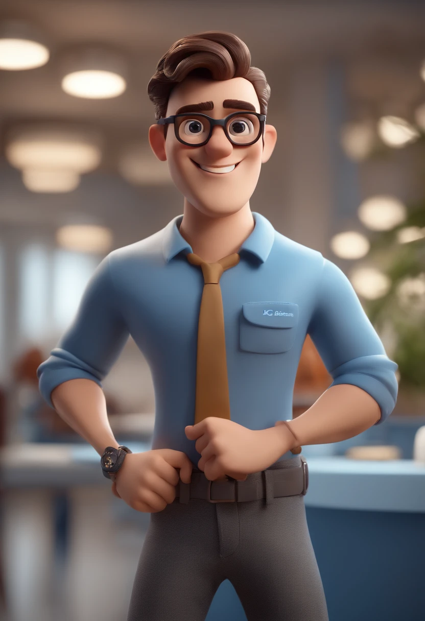 Cartoon character of a young man wearing round gray glasses and a blue shirt, um personagem animado, Caractere estilizado, animation style rendering, 3D estilizado, Arnold Maya render, 3 d render stylized, toon render keyshot, Personagem 3D, Personagem 3D, 3d rendering stylized, 3 d character render, personagem de desenho animado, Personagem de close up, Pose de personagem, (Estilo Pixar) (master part:1.2) (Bokeh) (best quality) (pele detalhada) (textura detalhada) (8k) (argila) (Cinematic lighting) (foco nítido,Sits and empties upper body in a dental office alone