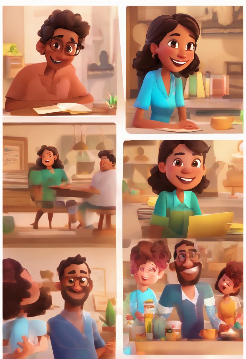 An illustration of an adorable couple, Highlight for a chubby mulatto man with glasses smiling and a brunette woman with beautiful expressive eyes - the man's skin is mulatto and the man's hair haswhile the woman's skin is black and the woman's hair is straight and brown. They are a bright room, cada um com um sorriso no rosto, e compartilhar um momento especial caracterizado pelo amor, Insights. Illustrate this scene from a perspective where they are facing the camera, Smiling and Showing Your Connection. Desenvolva esta arte em Full HD, Focus on your cinematic touch, Estilo Disney Pixar Animations