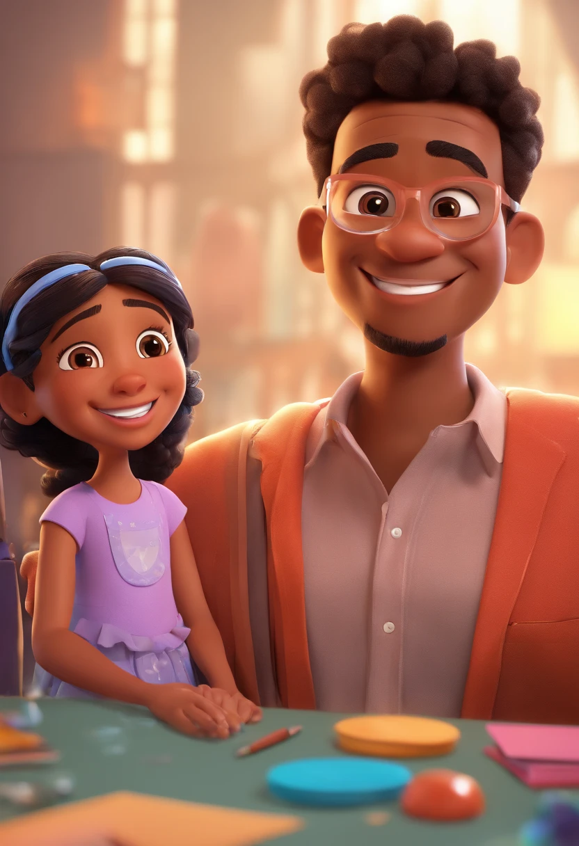 An illustration of an adorable couple, Highlight for a chubby mulatto man with glasses smiling and a brunette woman with beautiful expressive eyes - the man's skin is mulatto and the man's hair haswhile the woman's skin is black and the woman's hair is straight and brown. They are a bright room, cada um com um sorriso no rosto, e compartilhar um momento especial caracterizado pelo amor, Insights. Illustrate this scene from a perspective where they are facing the camera, Smiling and Showing Your Connection. Desenvolva esta arte em Full HD, Focus on your cinematic touch, Estilo Disney Pixar Animations