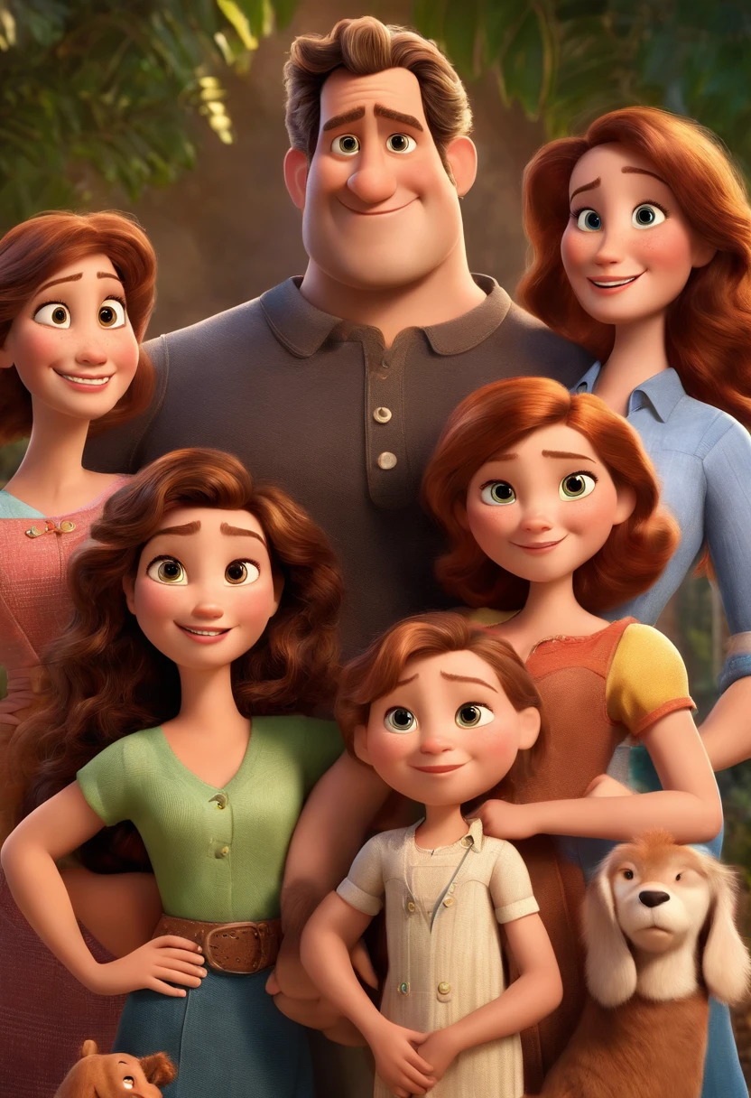 a Disney Pixar movie poster showing a white-skinned family. The father is the tallest, Tem barba curta, loiro, cabelos curtos e espinhosos. The mother has brown eyes and hair, shoulder-length and is slightly overweight. A tem 4 anos e cabelos castanhos, roupa rosa e rabos de cavalo. The background is a beach garden. 3D-rendering