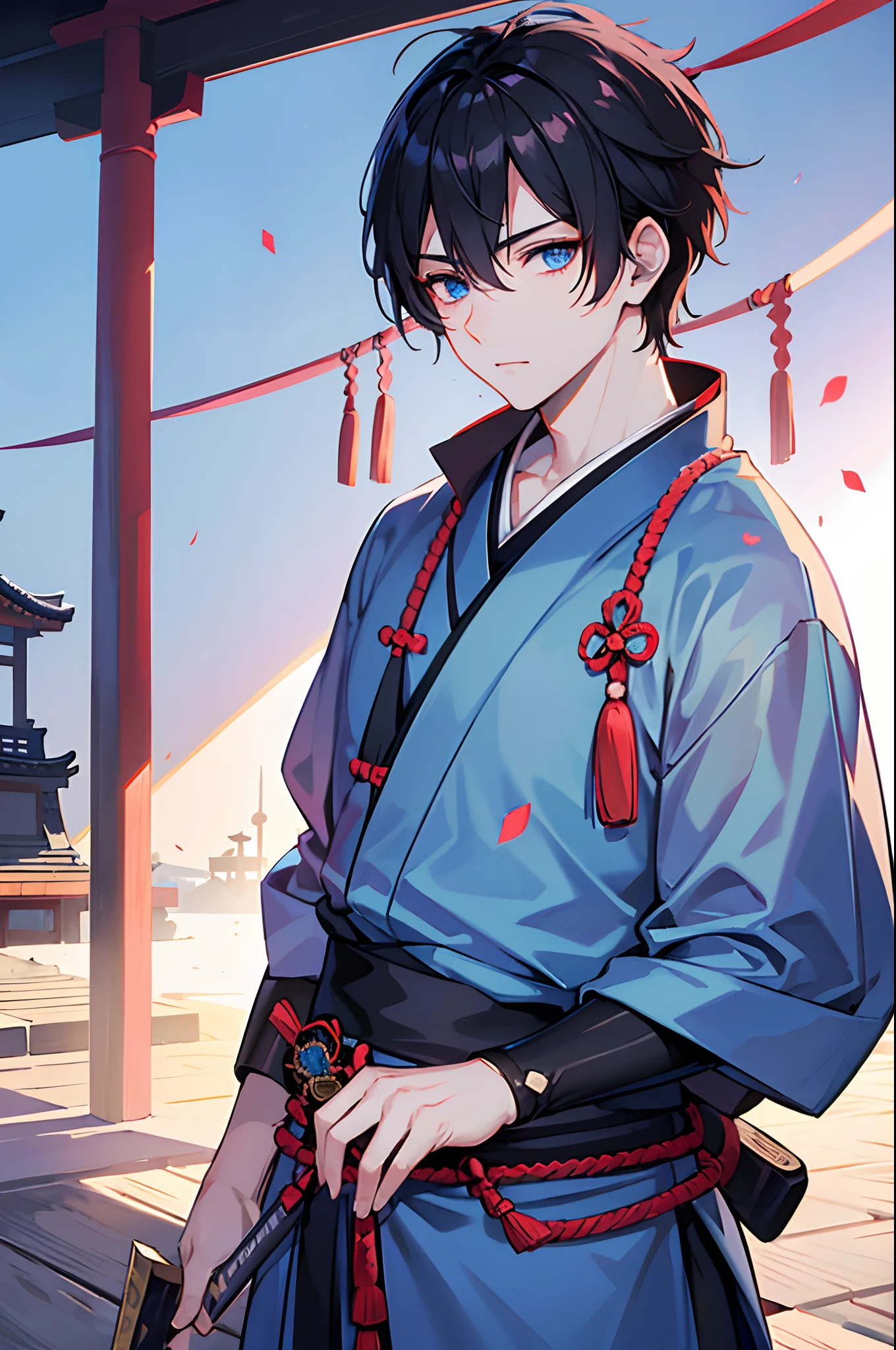 male people　A dark-haired　blue eyess　New Year　Young samurai　shrines　​masterpiece　Top image quality　Clear Parts Cinematic Shadows　Increased attractiveness of the eyes　Clear the shine of the eyes　Draw eyelashes neatly　Perfect Eye　A detailed eye　Sharpen image quality　Sharpen eye writing　Clear eye shape