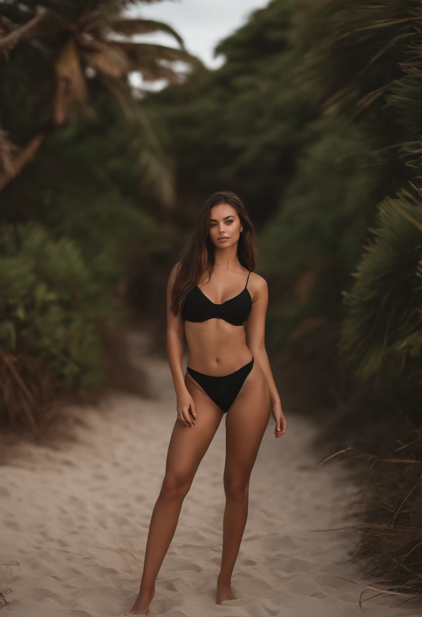arafed woman with a sexy black bikini, sexy girl with brown eyes, portrait sophie mudd, brown hair and large eyes,bedroom eyes, violet myers, without makeup, natural makeup, looking directly at the camera, face with artgram, subtle makeup, picture at the beach, cleavage