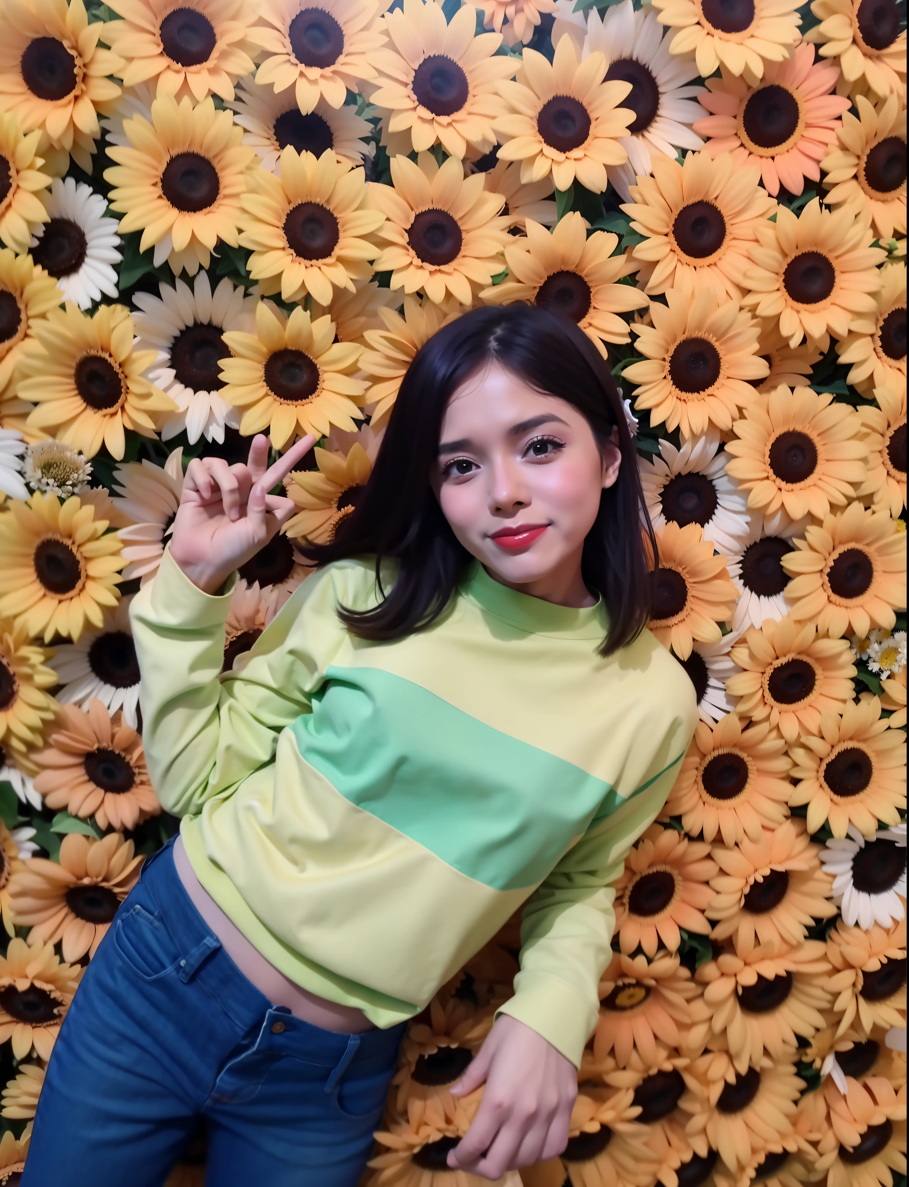 Woman in green shirt and jeans posing in front of a wall of sunflowers, sunflowers in the background, background is celestial, fundo amarelo, vestindo croptop amarelo, com flores, foto de perfil, editado no photoshop, com panos amarelos, foto de baixa qualidade, em um canva amarelo, videoclipe, imagem de qualidade muito baixa