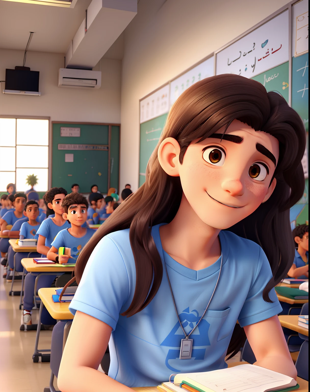 a young male Brazilian history teacher, 23 years old, with not very long black hair and small brown eyes, in front of a classroom full of students, teaching about Egypt, wearing a basic blue t-shirt and a silver notebook