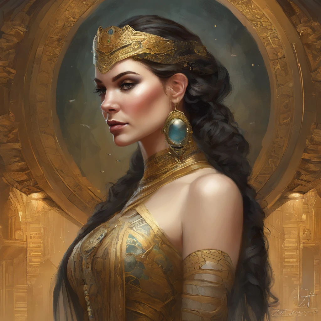 uma pintura de uma mulher com um cocar dourado e um vestido preto, Mucha Klimt e Tom Bagshaw, Bel arte UHD 4K, Arte digital altamente detalhada em 4k, exquisite digital illustration, WLOP complexo, Arte Nova! Cyberpunk! Estilo, Arte digital detalhada em 4k, mucha estilo 4k, Jen Bartel, Cyberpunk Arte Nova