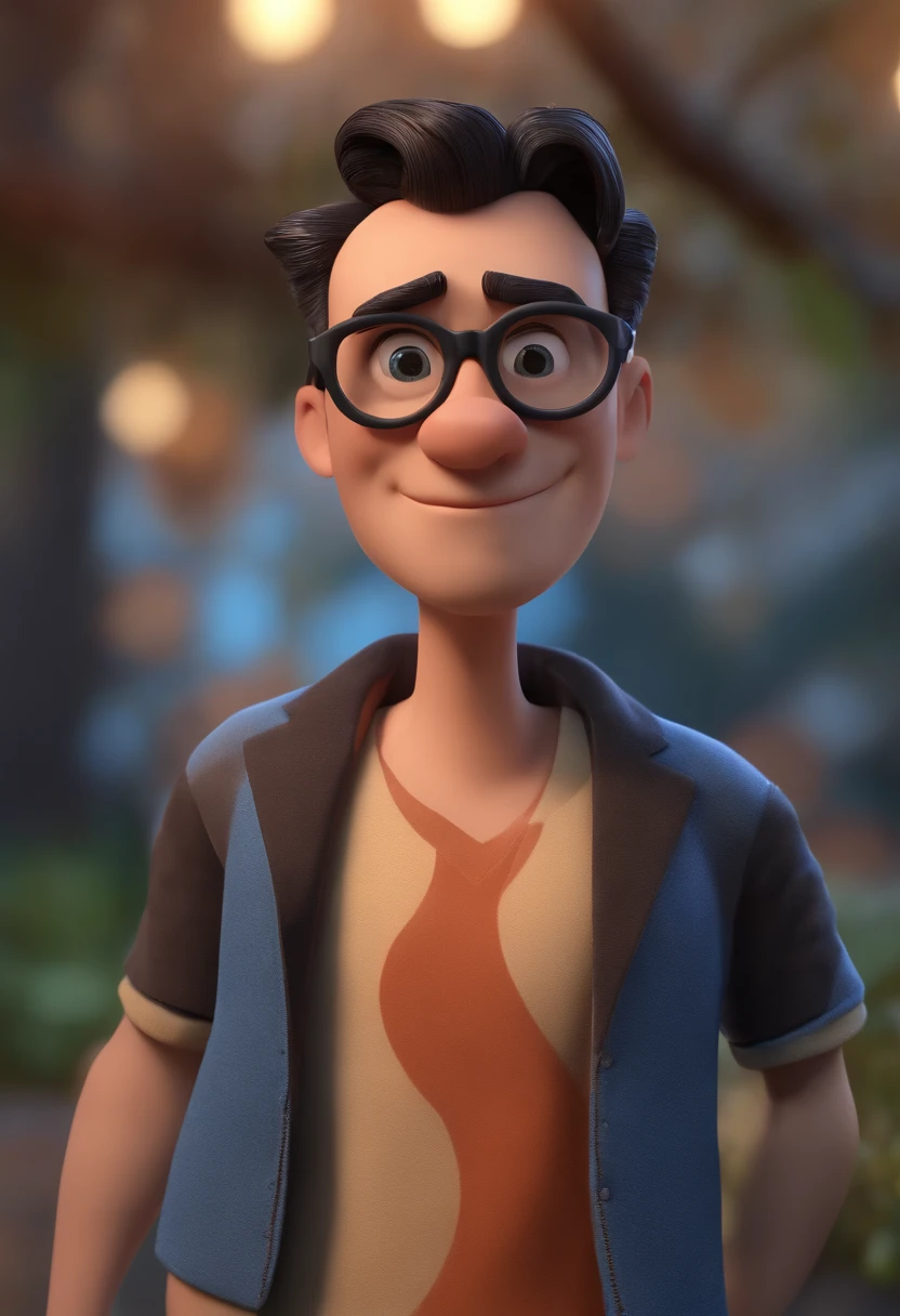 Cartoon character of a man wearing black glasses and a blue shirt, um personagem animado, Caractere estilizado, animation style rendering, 3D estilizado, Arnold Maya render, 3 d render stylized, toon render keyshot, Personagem 3D, Personagem 3D, 3d rendering stylized, 3 d character render, personagem de desenho animado, Personagem de close up, Pose de personagem, (Estilo Pixar) (master part:1.2) (Bokeh) (best quality) (pele detalhada) (textura detalhada) (8k) (argila) (Cinematic lighting) (foco nítido，Senta e vaza a parte superior do corpo