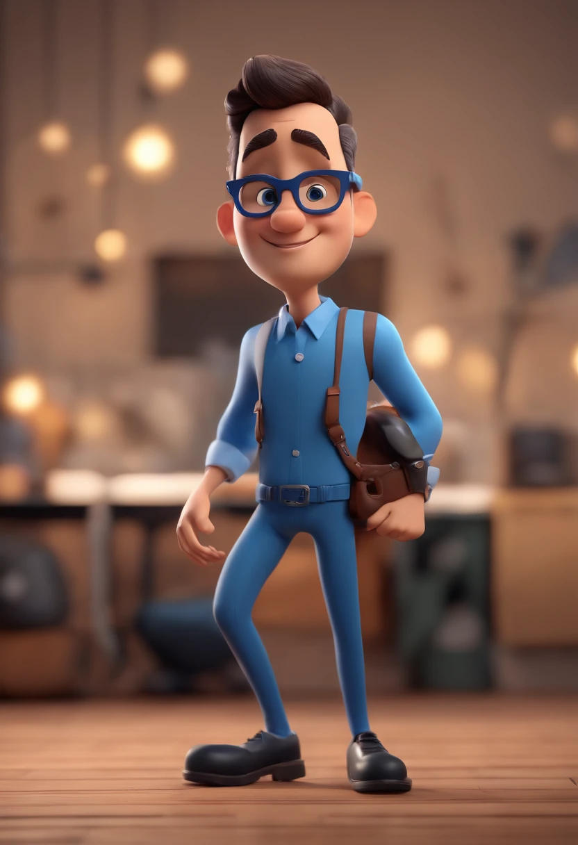 Cartoon character of a man wearing black glasses and a blue shirt, um personagem animado, Caractere estilizado, animation style rendering, 3D estilizado, Arnold Maya render, 3 d render stylized, toon render keyshot, Personagem 3D, Personagem 3D, 3d rendering stylized, 3 d character render, personagem de desenho animado, Personagem de close up, Pose de personagem, (Estilo Pixar) (master part:1.2) (Bokeh) (best quality) (pele detalhada) (textura detalhada) (8k) (argila) (Cinematic lighting) (foco nítido，Senta e vaza a parte superior do corpo