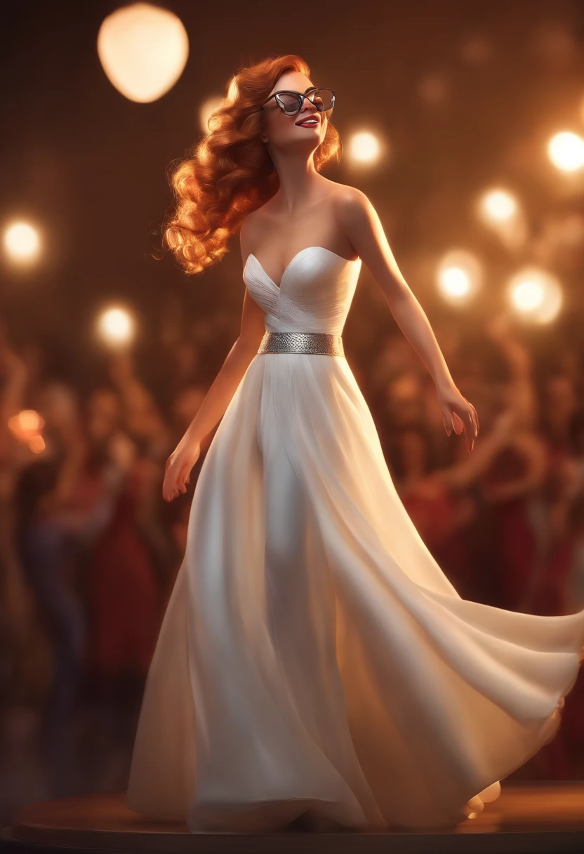 "(best quality,ultra-detalhado,Realistic:1.37),3D rendering,illustration,design de personagens,cabelos curtos e cacheados escuros,belos olhos detalhados,wearing white glasses,Estilo Pixar,morena mulher,Dancing on the Disney stage,atmosfera animada,vivid colors,luzes de palco,expression joyful"