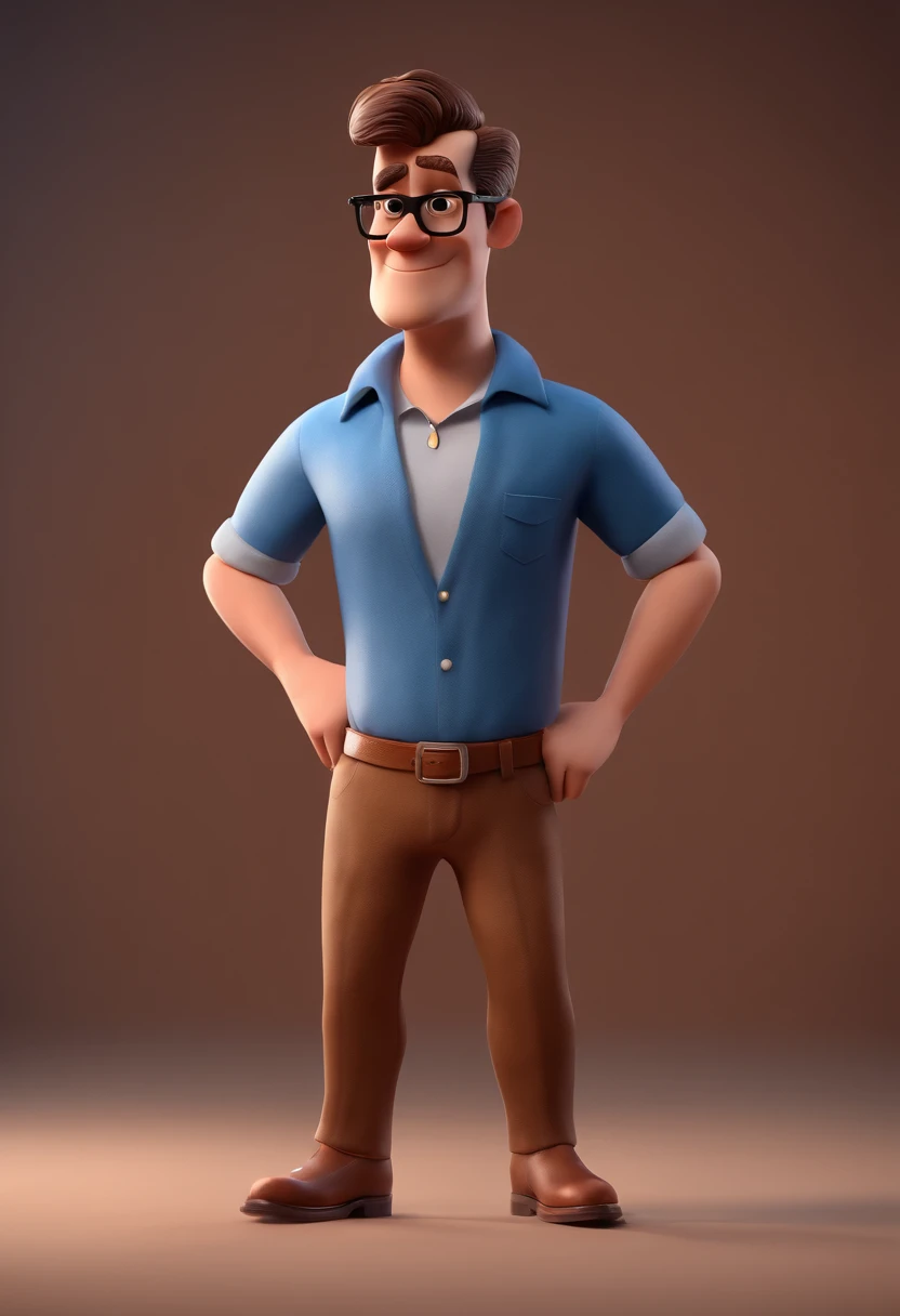 Cartoon character of a man with black glasses and a blue shirt, animation character, Caractere estilizado, animation style rendering, 3D estilizado, Arnold Maya render, 3 d render stylized, toon render keyshot, Personagem 3D, Personagem 3D, 3d rendering stylized, 3 d character render, personagem de desenho animado, Personagem de close up, Pose de personagem,  (Estilo Pixar) (master part:1.2) (Bokeh) (best quality) (pele detalhada) (textura detalhada) (8k) (argila) (Cinematic lighting) (foco nítido
