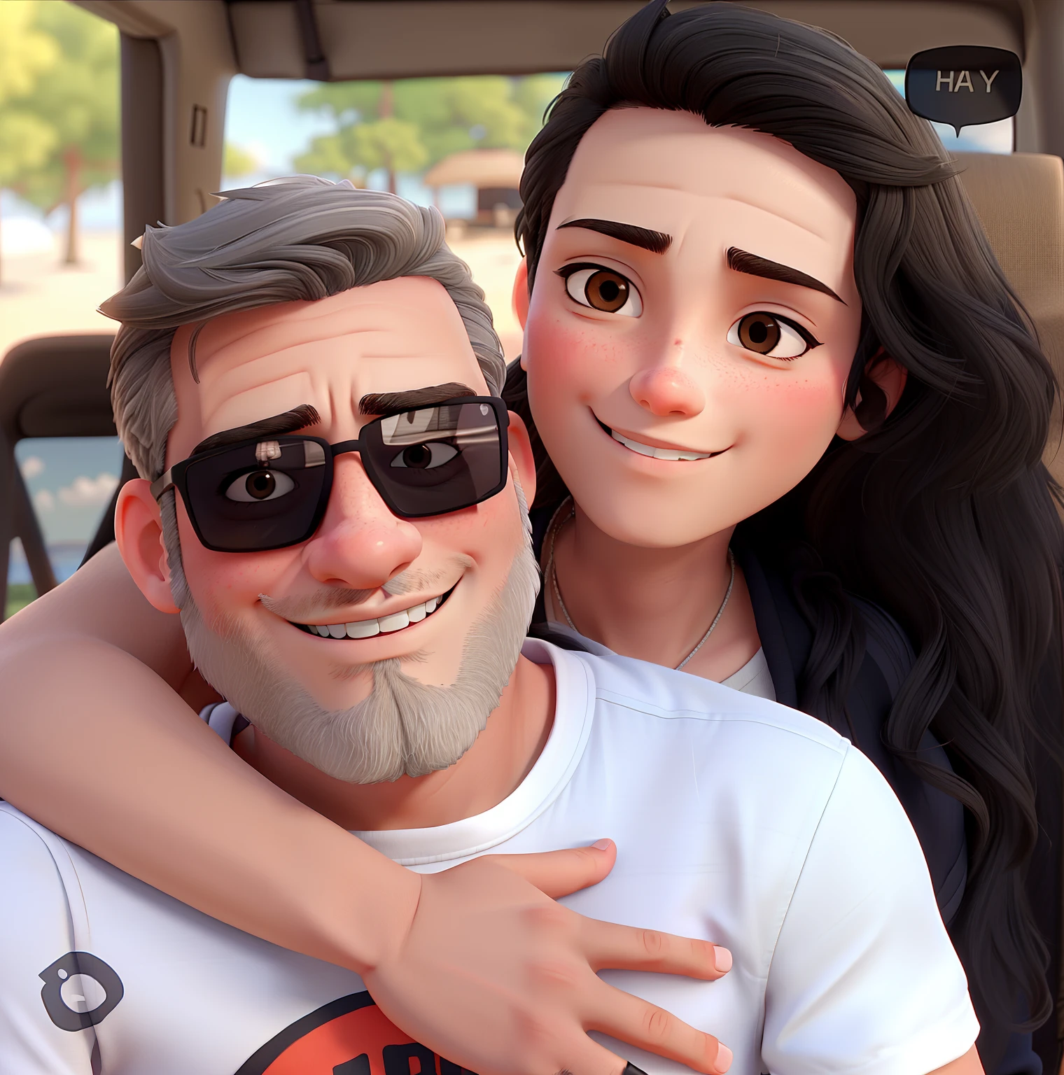 Young couple. The man has a face with a small chin, a small, slightly gray beard and gray hair and wears sunglasses. The woman has black hair. They are both on the beach