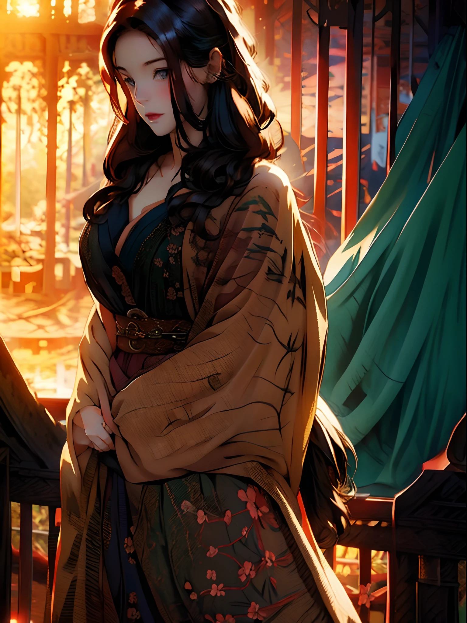 Beautiful mystical woman with brown hair, in a beautiful forest enjoying the sunset