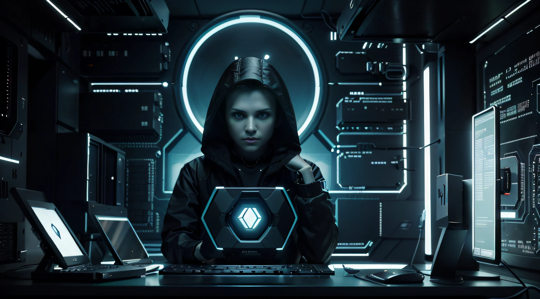 "Create a futuristic and stylized hacker-themed wallpaper for my computer. The wallpaper should incorporate high-tech elements, codes, circuits, and a predominantly blue and green color palette. Ensure that the design exudes a sense of futurism and intrigue, conveying the feeling of a digital invasion. You can include lines of code, cybernetic symbols, or any other elements that suggest a hacker atmosphere. Make sure the resolution is suitable for a widescreen monitor with a 16:9 aspect ratio, and the image should be clear and of high quality. Use your creativity to craft something that looks like it belongs in a hacker-themed sci-fi movie."