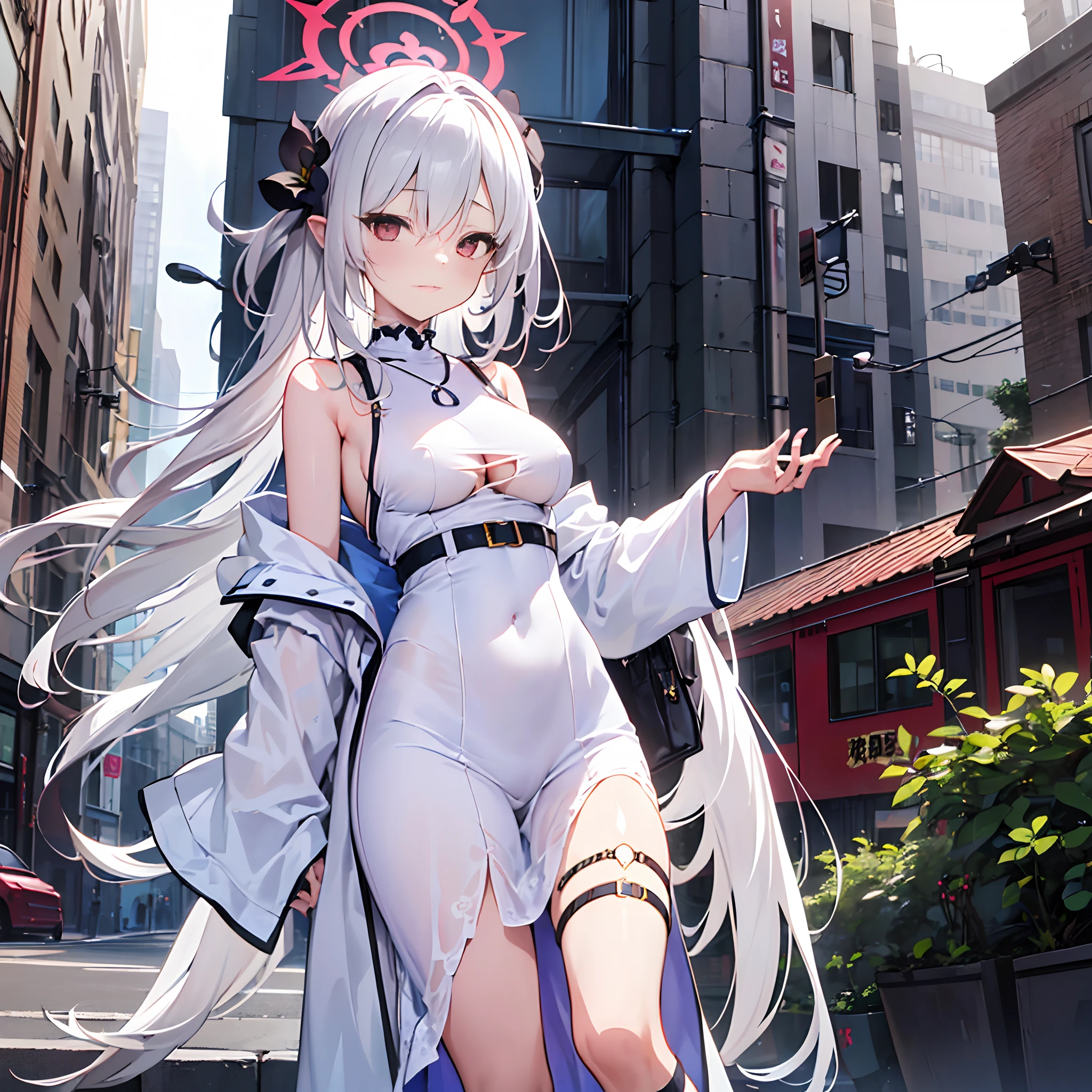 (Masterpiece, 8k, 1 girl, solo, Mutsuki, Blue_Archive, mature woman), white long hair, sidebangs, let down hair, hair between eyes, medium breasts, hair accessory, deep red eyes, casual outfit, cute white dress, long skirt, kneehighs, boob window, city in background, gorgeous girl, warm colours