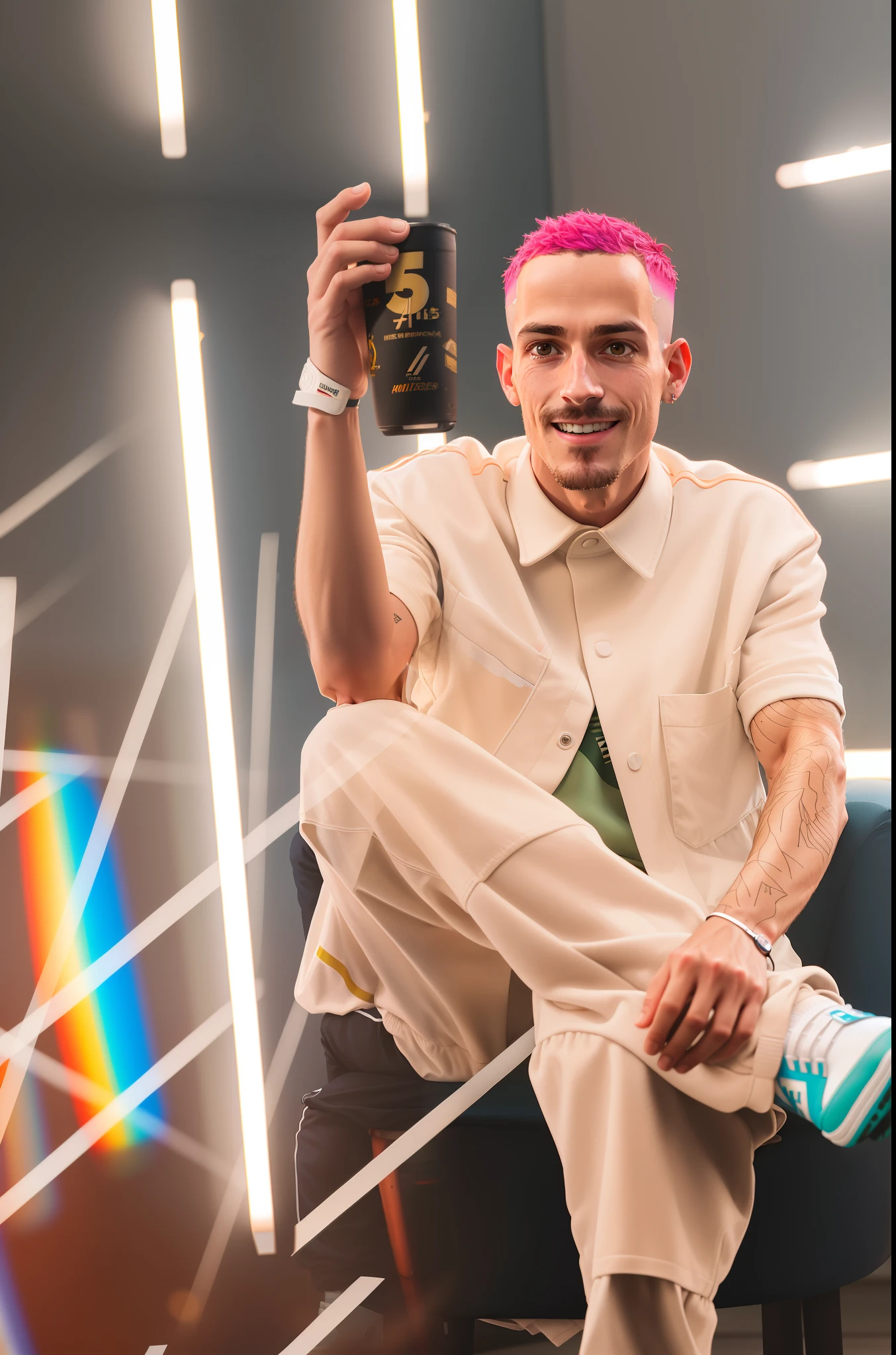 There's a man sitting in a chair holding a bottle of beer, Usando Nike Air Mags, Tiro na Canon EOS R5, Tiro na Canon EOS R 5, Retrato no meio da foto, Chappie em um traje de treino da adidas, foto de retrato, Retrato de Chester Bennington, Homem em Tracksuit Adidas, inspirado em Camilo Egas, No estilo Jordan Grimmer