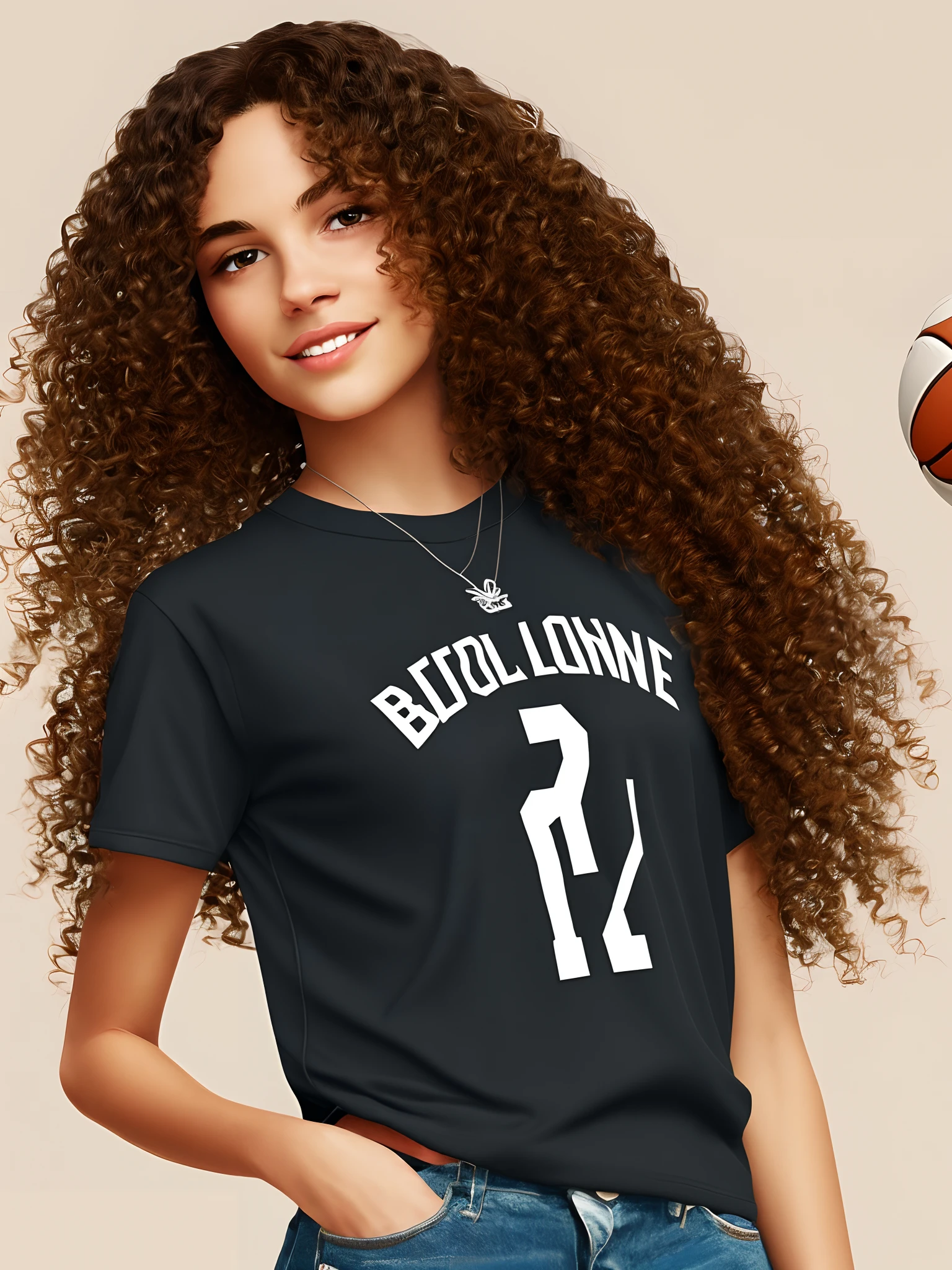 Disney Pixar Style Brunette Woman Long Curly Hair Big Black Eyes With Basketball T-shirt Number 11