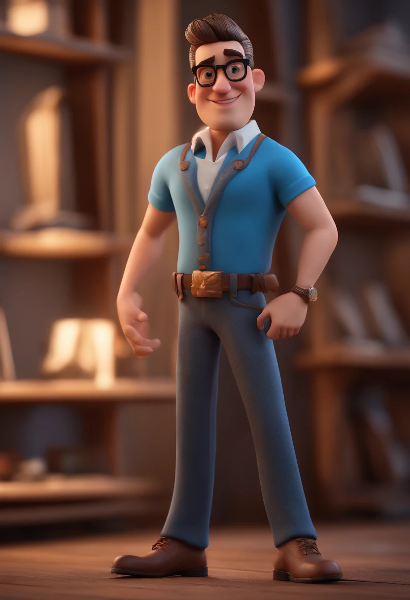 Cartoon character of a man with black glasses and a blue shirt, animation character, Caractere estilizado, animation style rendering, 3D estilizado, Arnold Maya render, 3 d render stylized, toon render keyshot, Personagem 3D, Personagem 3D, 3d rendering stylized, 3 d character render, personagem de desenho animado, Personagem de close up, Pose de personagem, (Estilo Pixar) (master part:1.2) (Bokeh) (best quality) (pele detalhada) (textura detalhada) (8k) (argila) (Cinematic lighting) (foco nítido