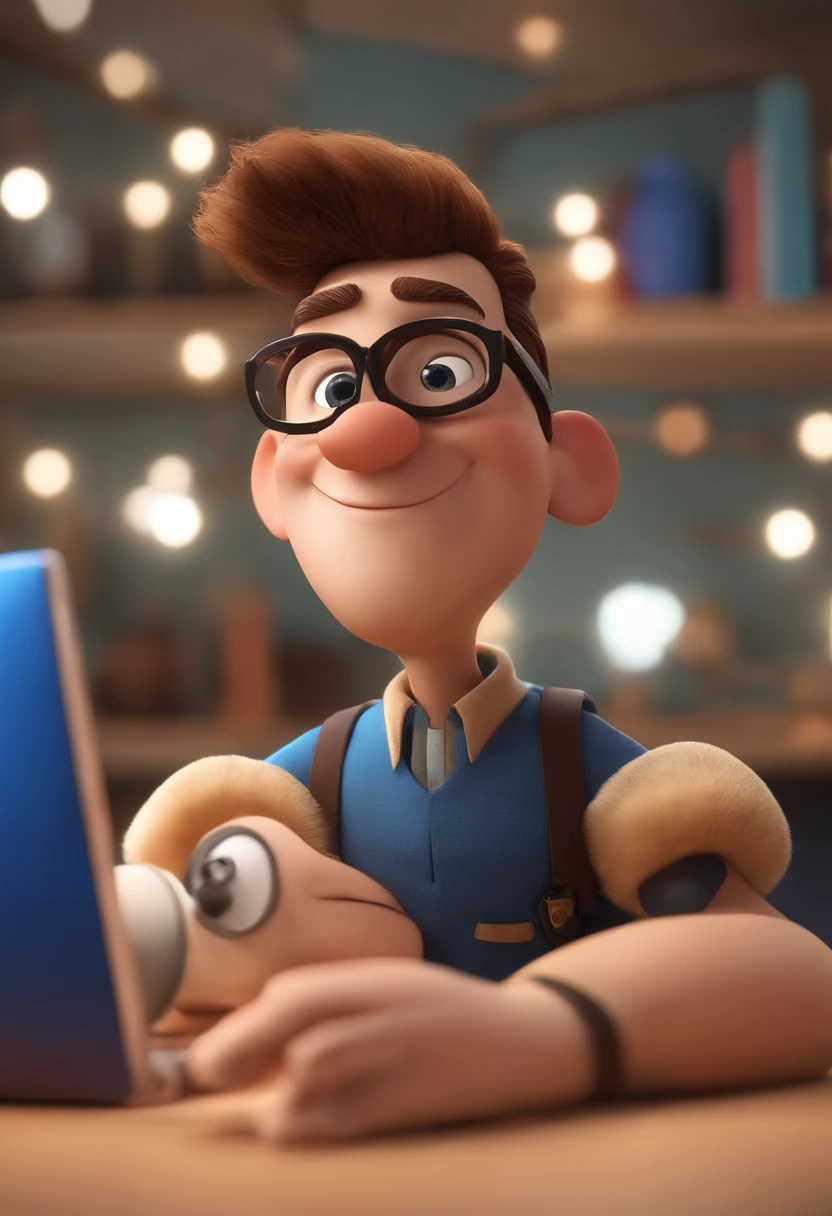Cartoon character of a man wearing black glasses and a blue shirt, um personagem animado, Caractere estilizado, animation style rendering, 3D estilizado, Arnold Maya render, 3 d render stylized, toon render keyshot, Personagem 3D, Personagem 3D, 3d rendering stylized, 3 d character render, personagem de desenho animado, Personagem de close up, Pose de personagem, (Estilo Pixar) (master part:1.2) (Bokeh) (best quality) (pele detalhada) (textura detalhada) (8k) (argila) (Cinematic lighting) (foco nítido，Senta e vaza a parte superior do corpo